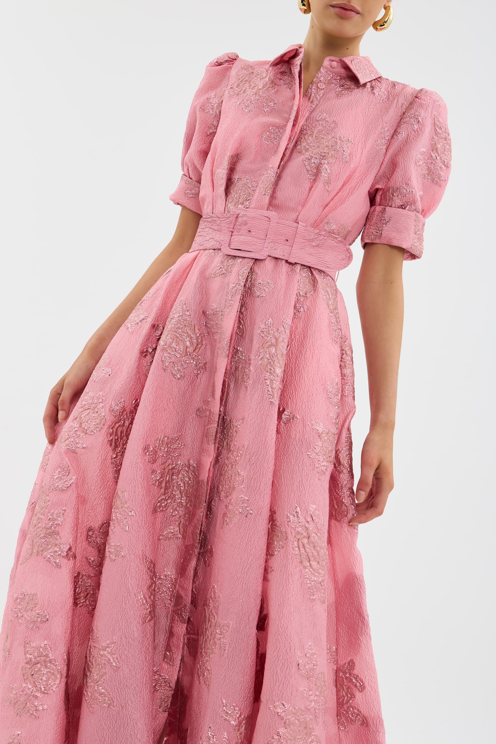 Annette Floral Embellished Button Gown in Pink | Elegant Women's Formal Dress for Weddings, Parties & Special Occasions