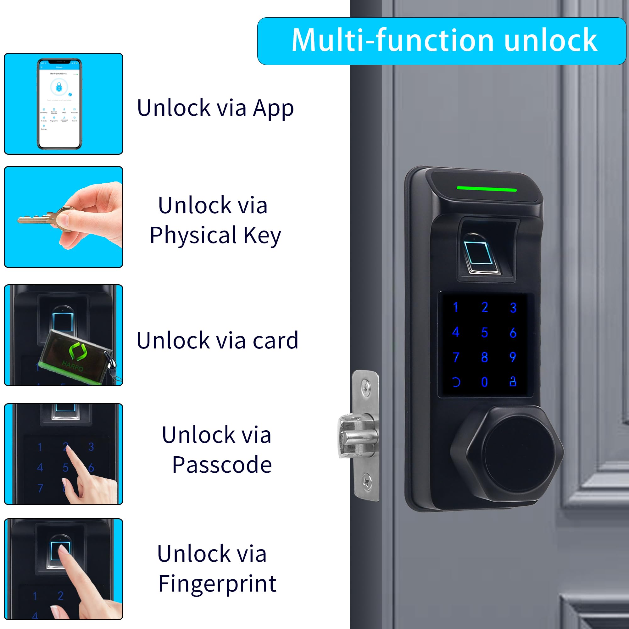 Harfo 5-in-1 Smart Fingerprint Door Lock - Heavy Duty Keyless Entry with Touchscreen Keypad, Bluetooth, Passcode & APP Control - Secure Electronic Digital Lock for Home, Office & Apartment (Black)
