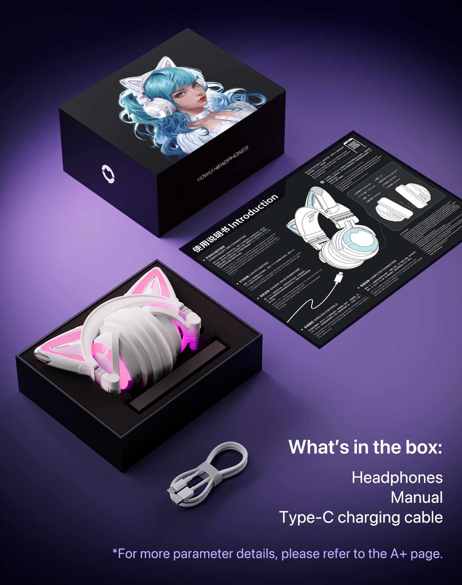 YOWU Cat Ear Headphones CE - Wired & Wireless Gaming Headset with Live Sound, Built-in Mic, RGB Lighting for PC, PS5, Nintendo Switch - Perfect for Anime Lovers & Streamers (White)