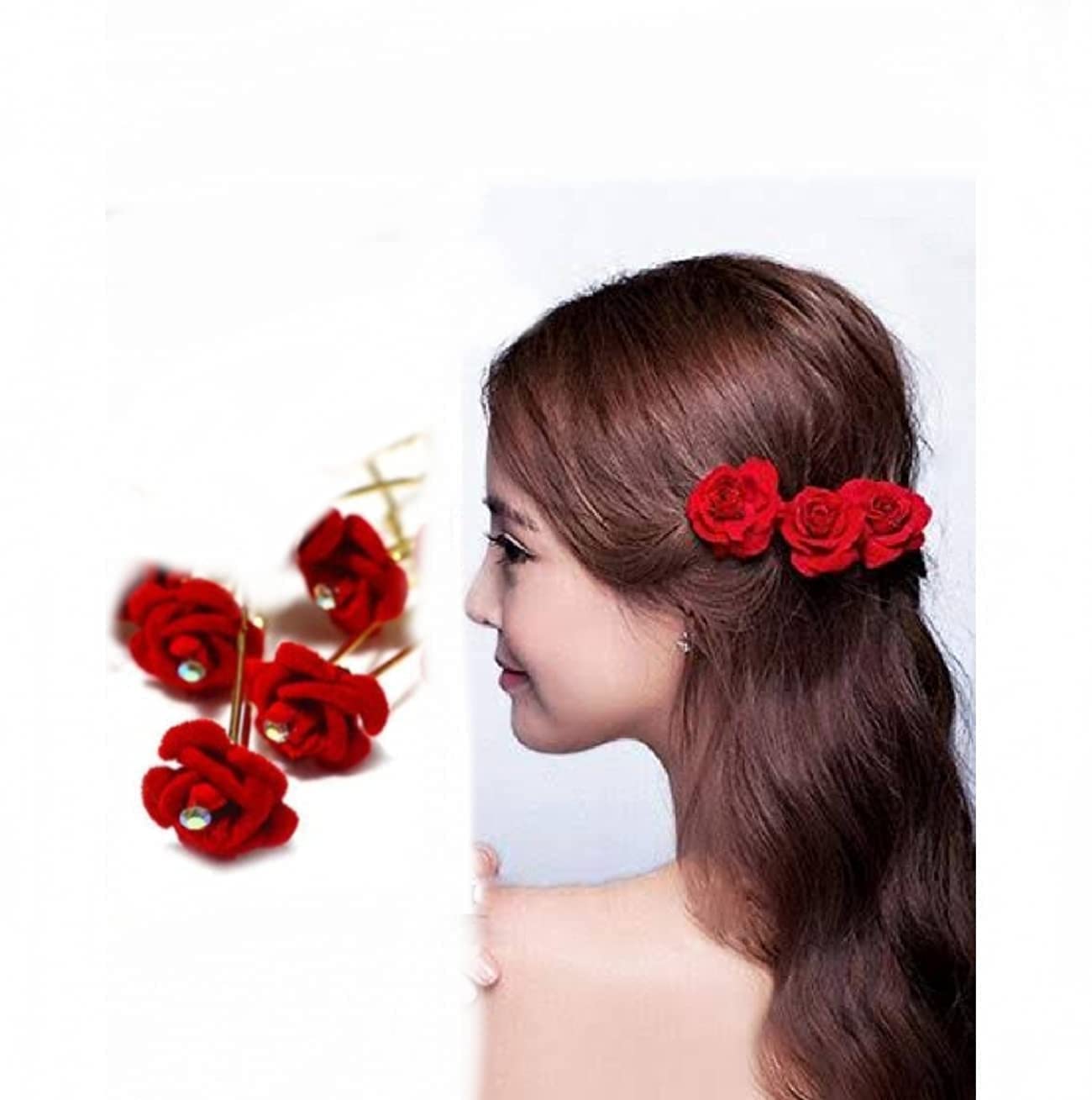 Brown Juda Bun Hair Extension with 12Pcs Red Rose Juda Pins - Perfect for Weddings, Anniversaries & Special Events | Women's & Girls' Hair Accessories for Bridal, Prom & Party Hairstyles