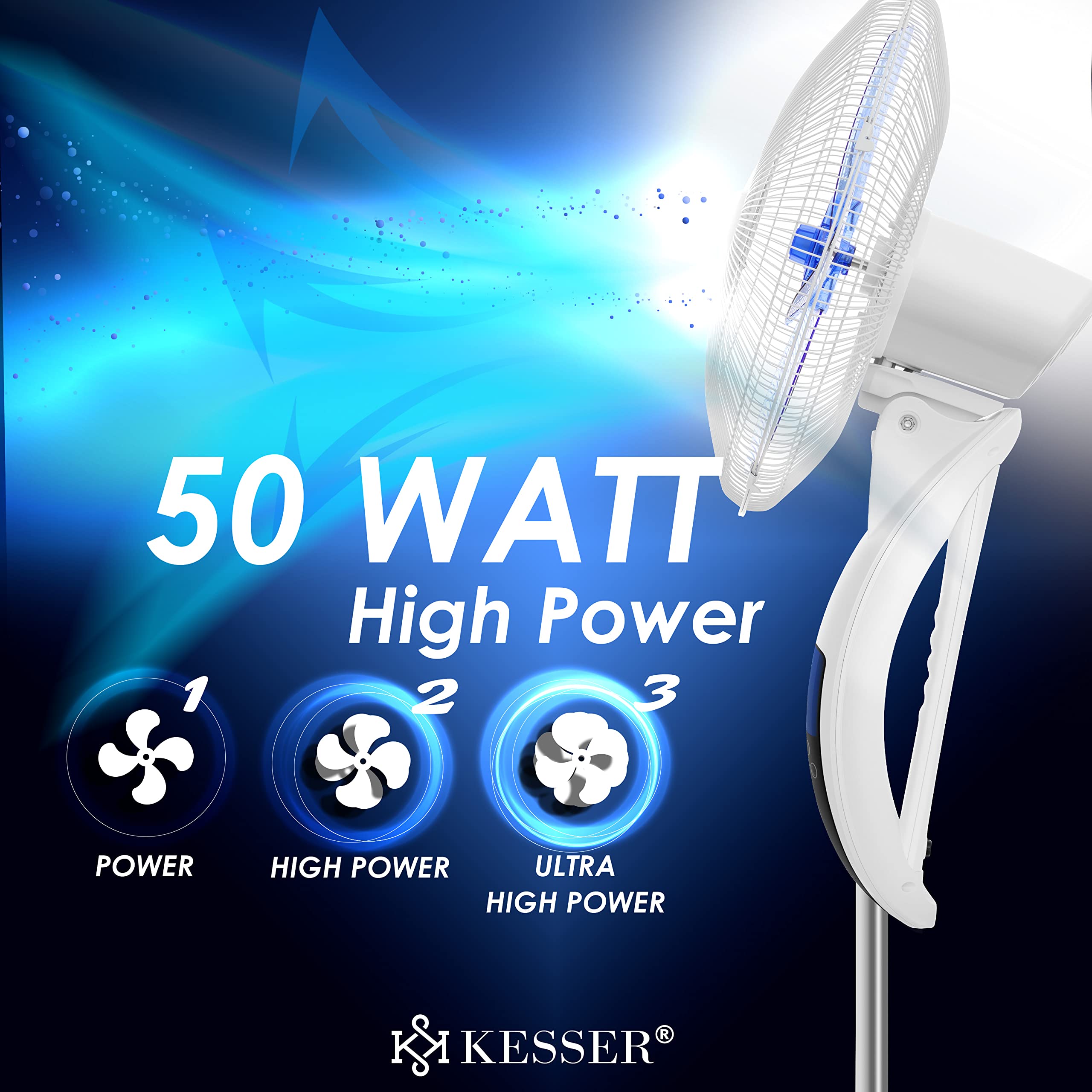 KESSER® 50W Remote Control Floor Fan with Timer, 3 Speed Levels, 80° Oscillation, Height & Tilt Adjustable Stand - Perfect for Home, Office & Bedroom Cooling