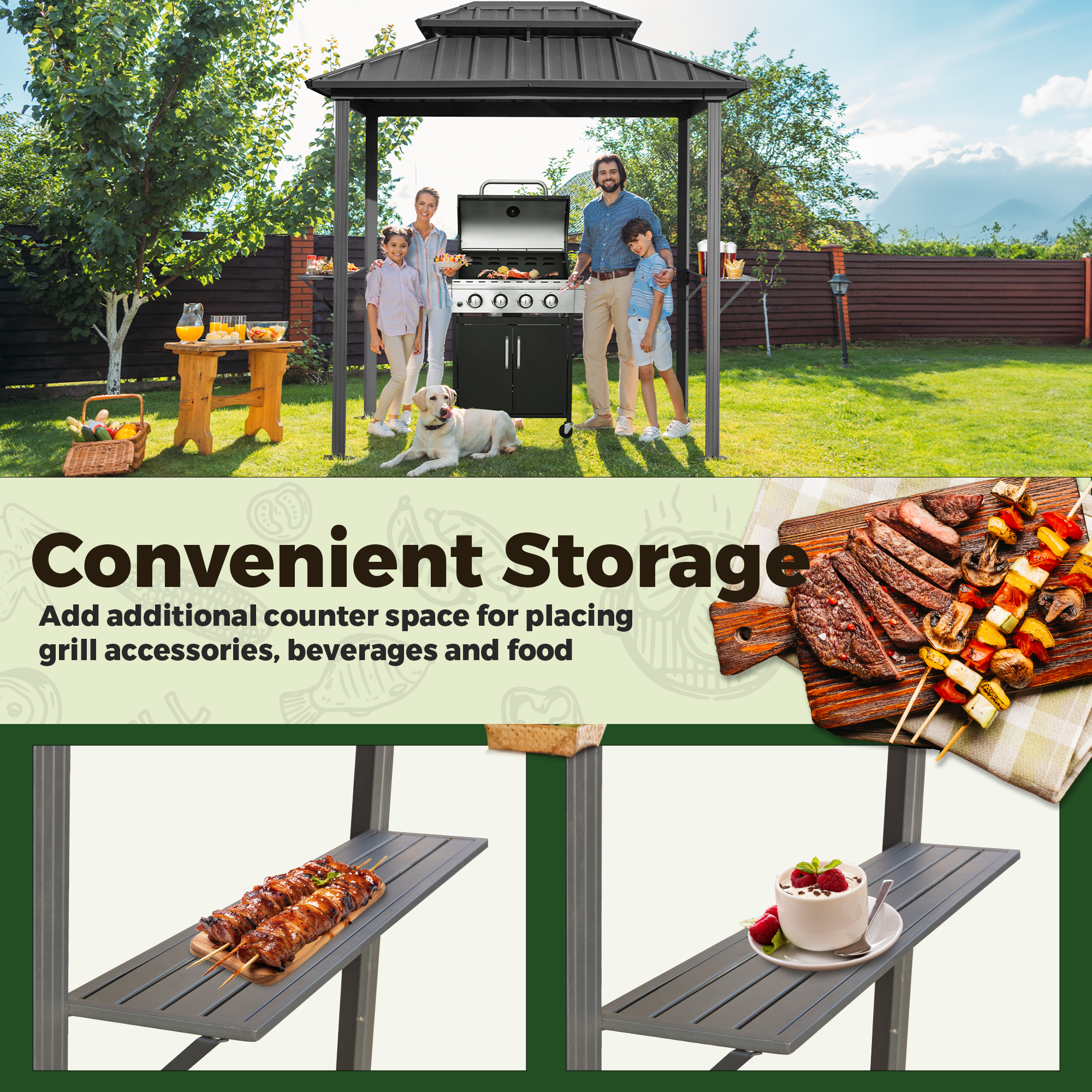 EROMMY 8x6 FT Outdoor Grill Gazebo with Double Steel Roof & Shelves - Heavy Duty BBQ Shelter for Backyard, Patio, and Garden Cooking