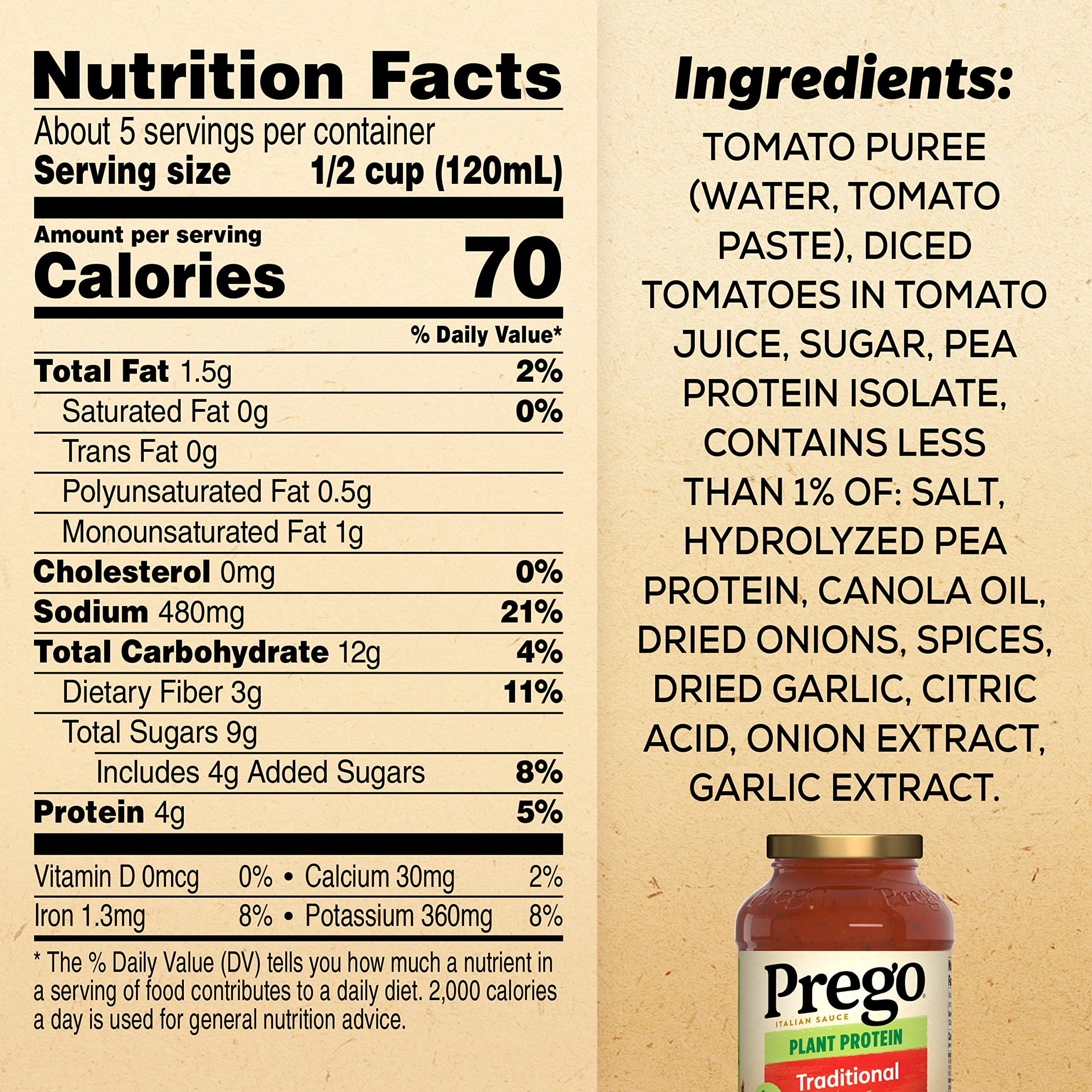 Prego Plant Protein Traditional Pasta Sauce - Vegan, Gluten-Free, 24 Oz Jar (Pack of 6) | High-Protein Meatless Pasta Topping for Italian Dishes, Lasagna & Healthy Family Meals