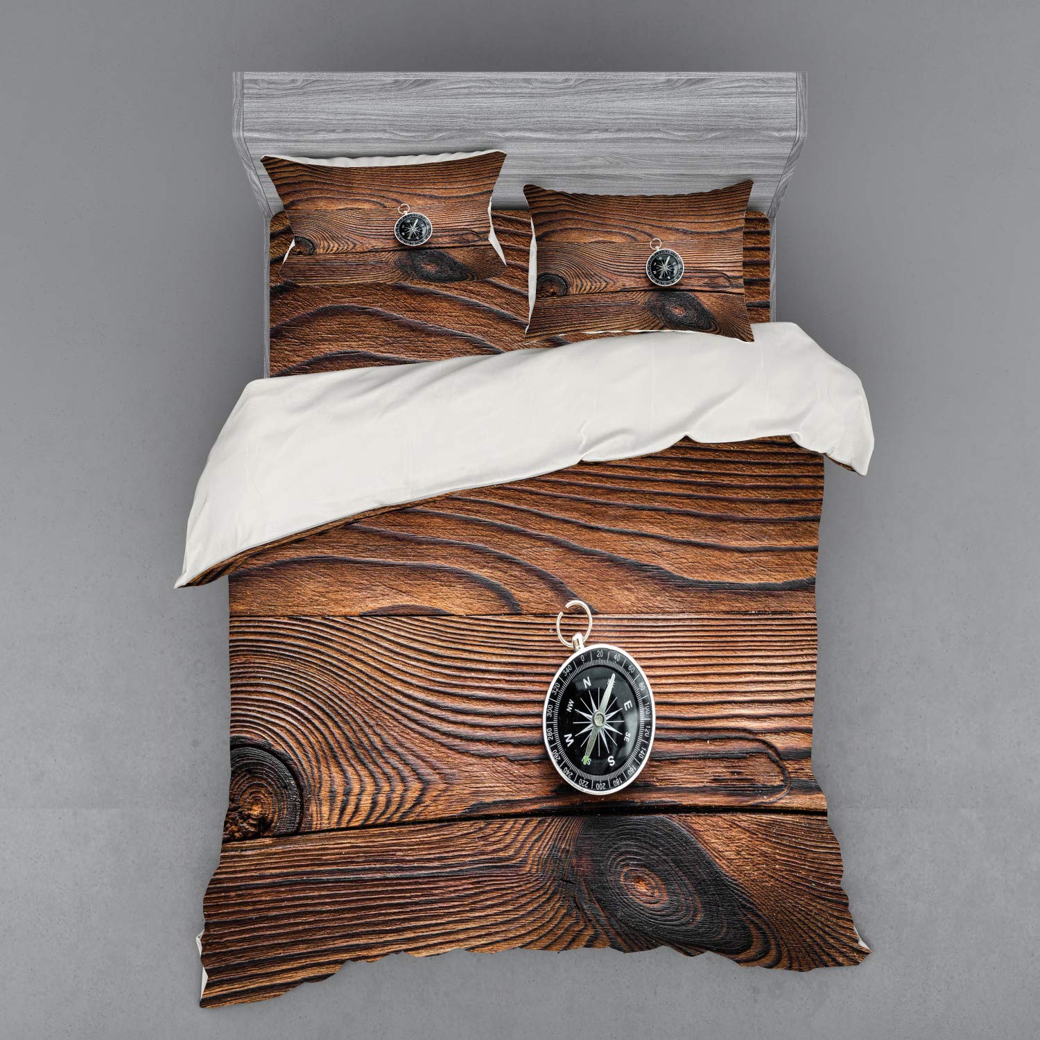 Ambesonne Compass Duvet Cover Set - 4 Piece Bedding with Shams & Fitted Sheet, Queen Size, Charcoal Grey & Pale Caramel - Nautical Theme for Bedroom Decor - Perfect for Travel Enthusiasts & Adventure Themed Rooms