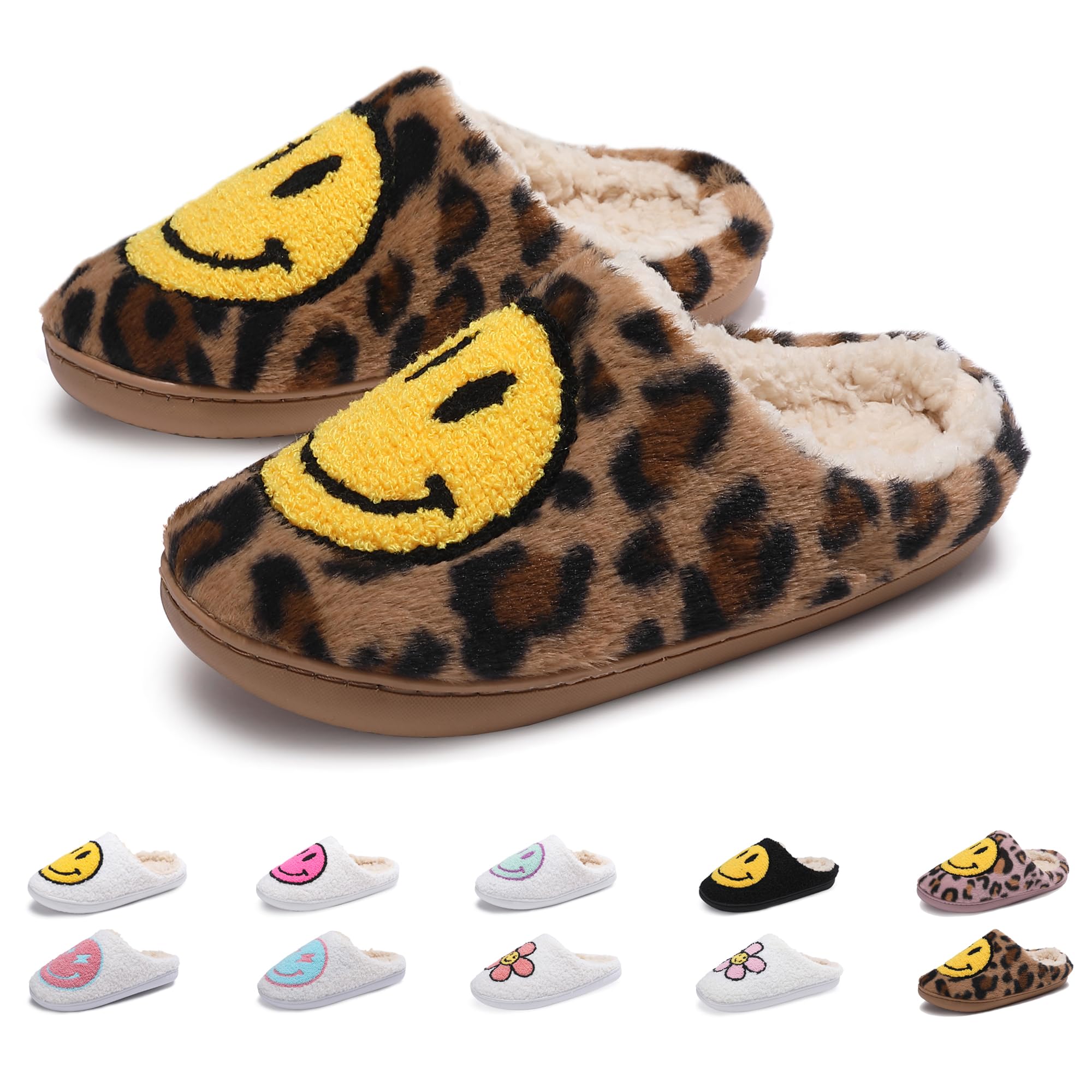 Happy Face Slippers for Women - Soft Plush Lightweight Indoor House Shoes with Non-Slip Sole | Cozy Slip-On Slippers for Home, Lounge & Relaxation