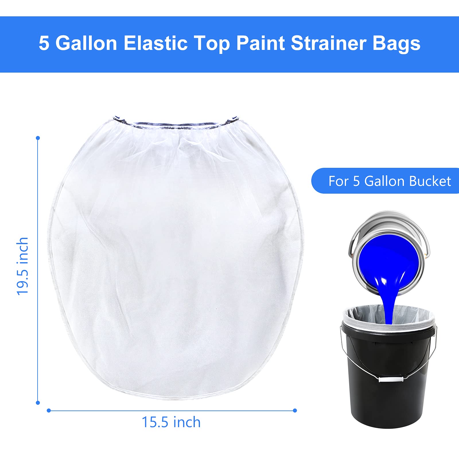 12-Pack 5 Gallon White Fine Mesh Paint Strainer Bags with Elastic Bucket Opening - Hydroponic & Gardening Paint Filters for Professional Painting, DIY Projects, and Home Improvement