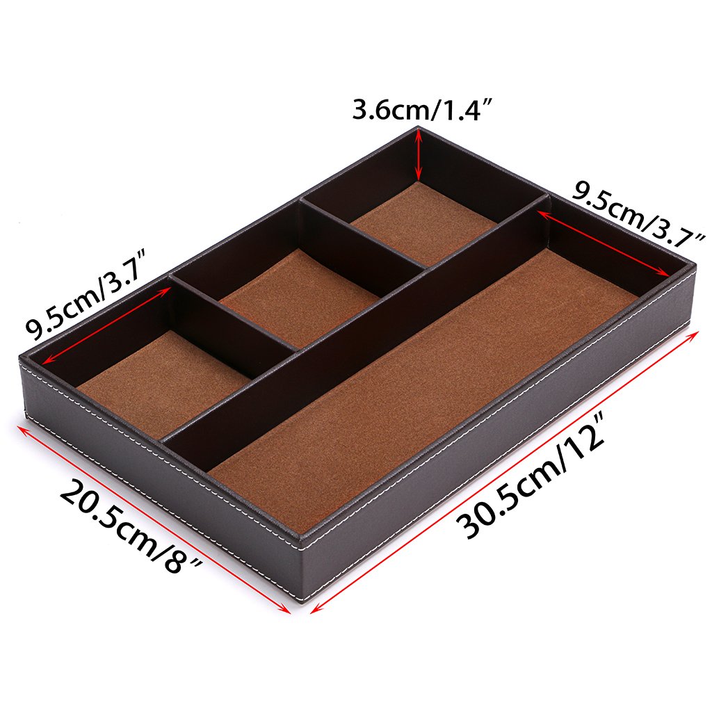 BTSKY 4-Slot PU Leather Desk Drawer Organizer - Office Supplies Storage Tray for Pens, Paper Clips & Accessories - Multi-Purpose Desktop Organizer (Brown) - Perfect for Home Office, School & Workspace Organization