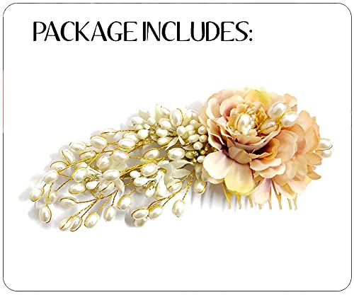 Artificial Peony Flower Hair Clip with Pearl Comb - Elegant Side Bun Hair Accessories for Women & Girls (Peach) - Perfect for Weddings, Parties & Everyday Style