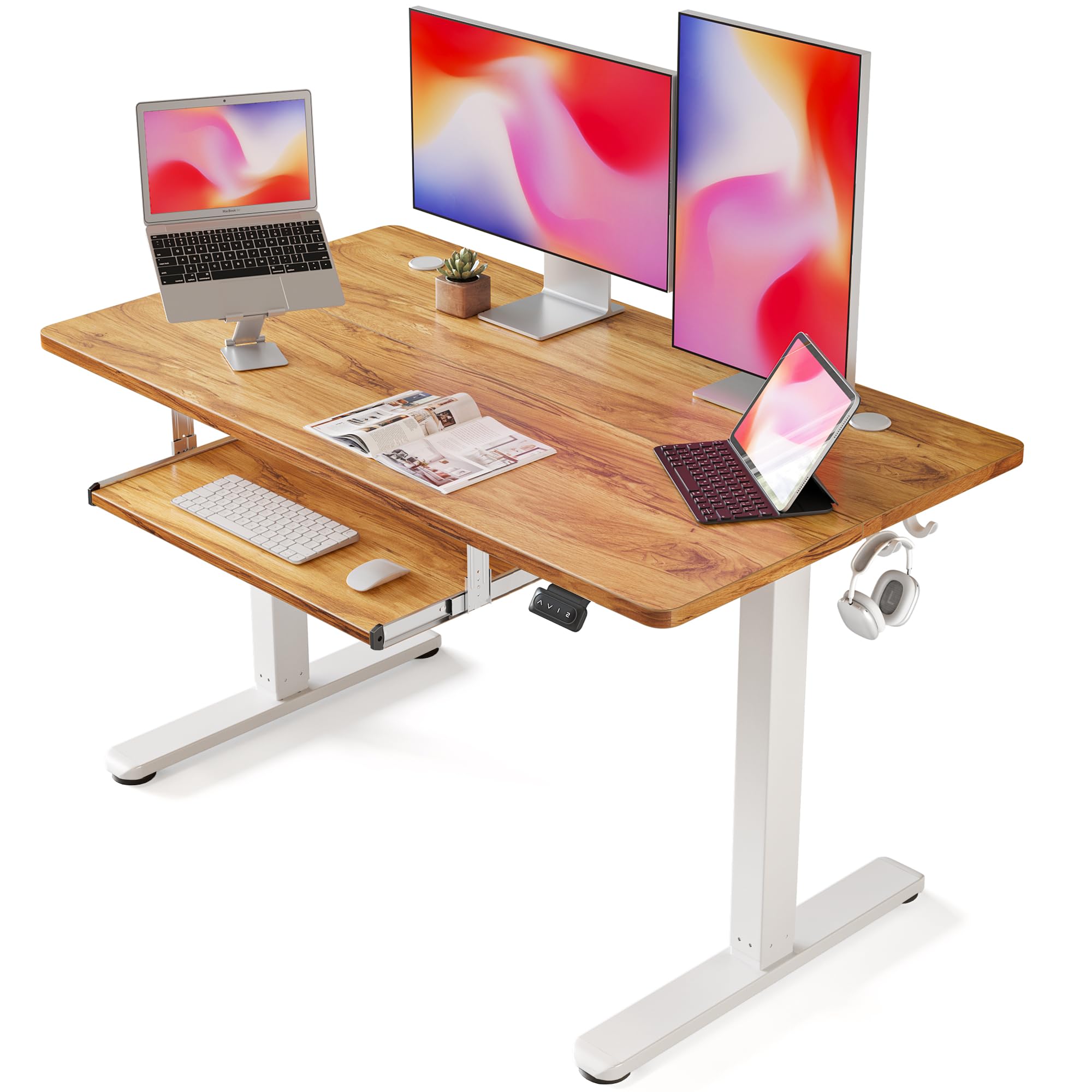 FEZIBO 48 x 24 Inches Electric Height Adjustable Standing Desk with Keyboard Tray - Sit Stand Workstation for Home Office, Ergonomic Computer Desk in Light Rustic - Perfect for Remote Work, Gaming & Study Spaces