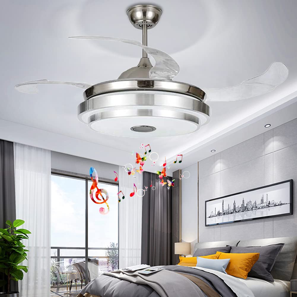 42'' Modern Silver Retractable Ceiling Fan with Light & Bluetooth Speaker - Remote Control, 3 Speed Settings, 3 Color Changing LED Lights, Silent Motor - Perfect for Living Room, Bedroom, and Outdoor Patio