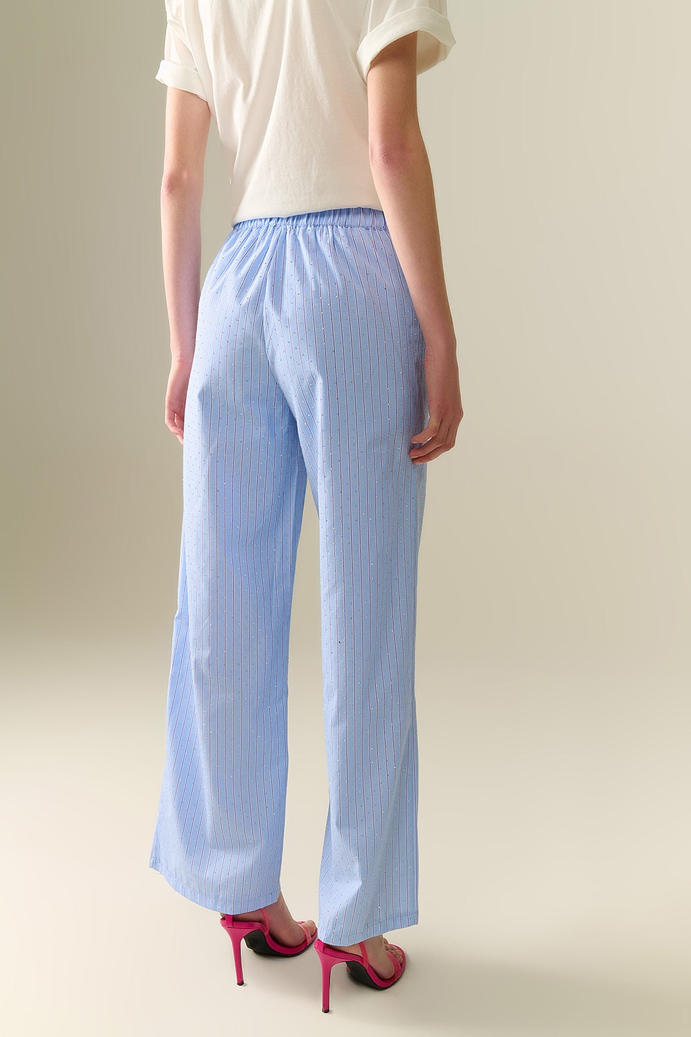 Blue Striped Wide-Leg Pants with Rhinestone Embellishments - Elegant Casual Wear for Women, Perfect for Parties, Dates & Office Outfits