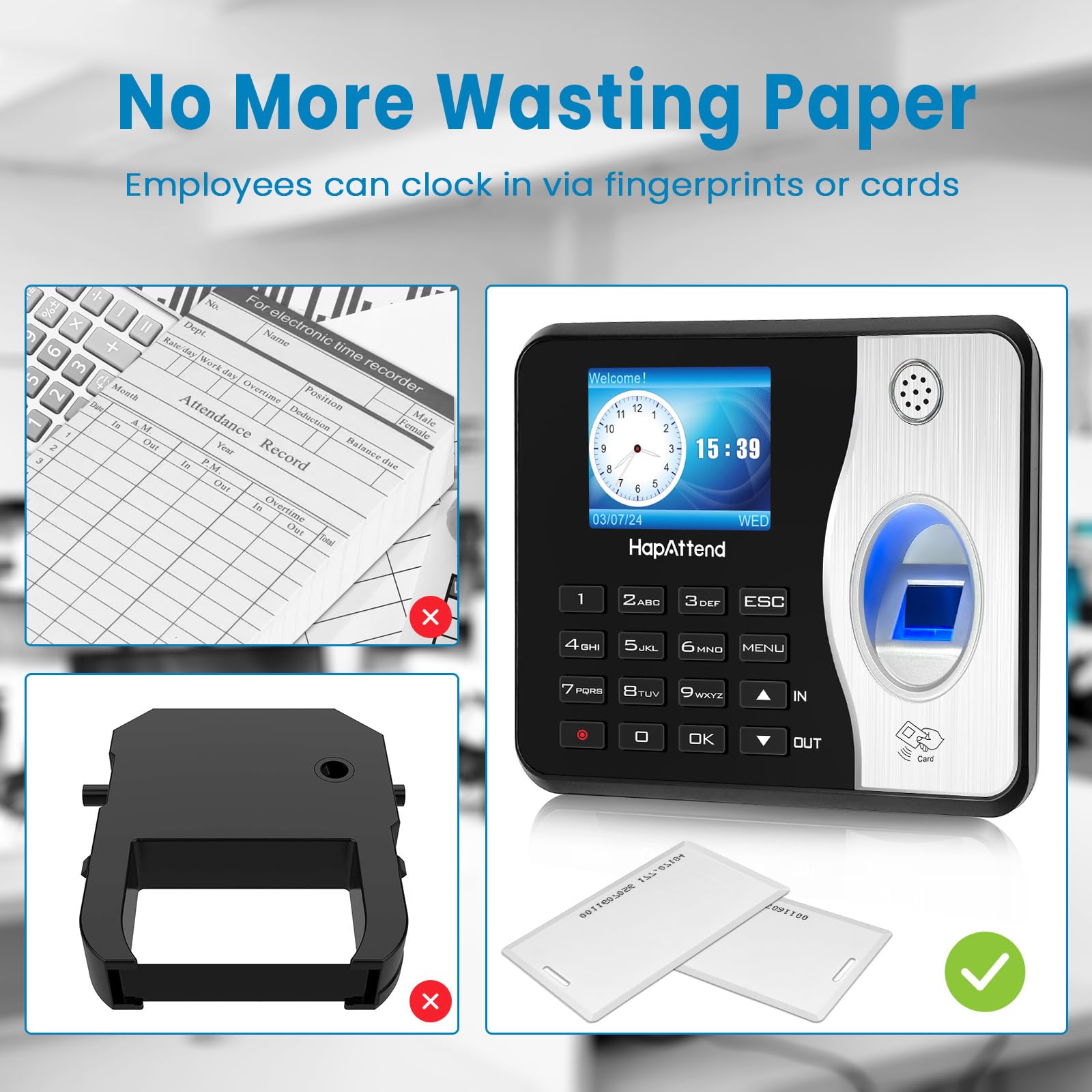 Standalone Biometric Time Clock with Fingerprint, RFID & PIN - 15 RFID Cards Included | No Monthly Fees | Perfect for Office Attendance, Employee Time Tracking & Small Business Management