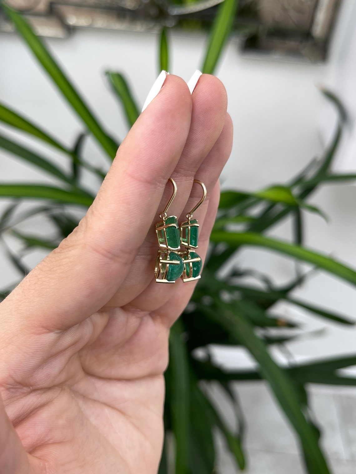 8.45tcw Real Forest Green Emerald Cut & Cabochon Dangle Drop Earrings in 14K Gold - Elegant Jewelry for Women, Perfect for Weddings, Parties & Special Occasions