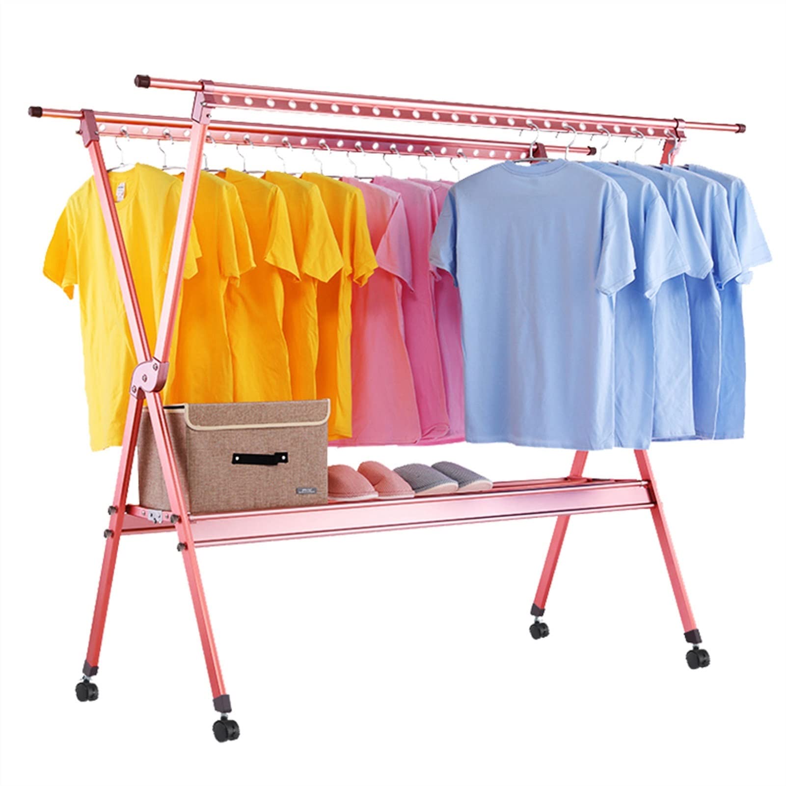 TOMYEUS Collapsible Clothes Drying Rack - Foldable Aluminum Alloy Laundry Rack with 4 Wheels, Double Rod X-Shaped Design for Indoor/Outdoor Use - Space Saving Solution for Apartments, Dorms & Small Homes (Pink)