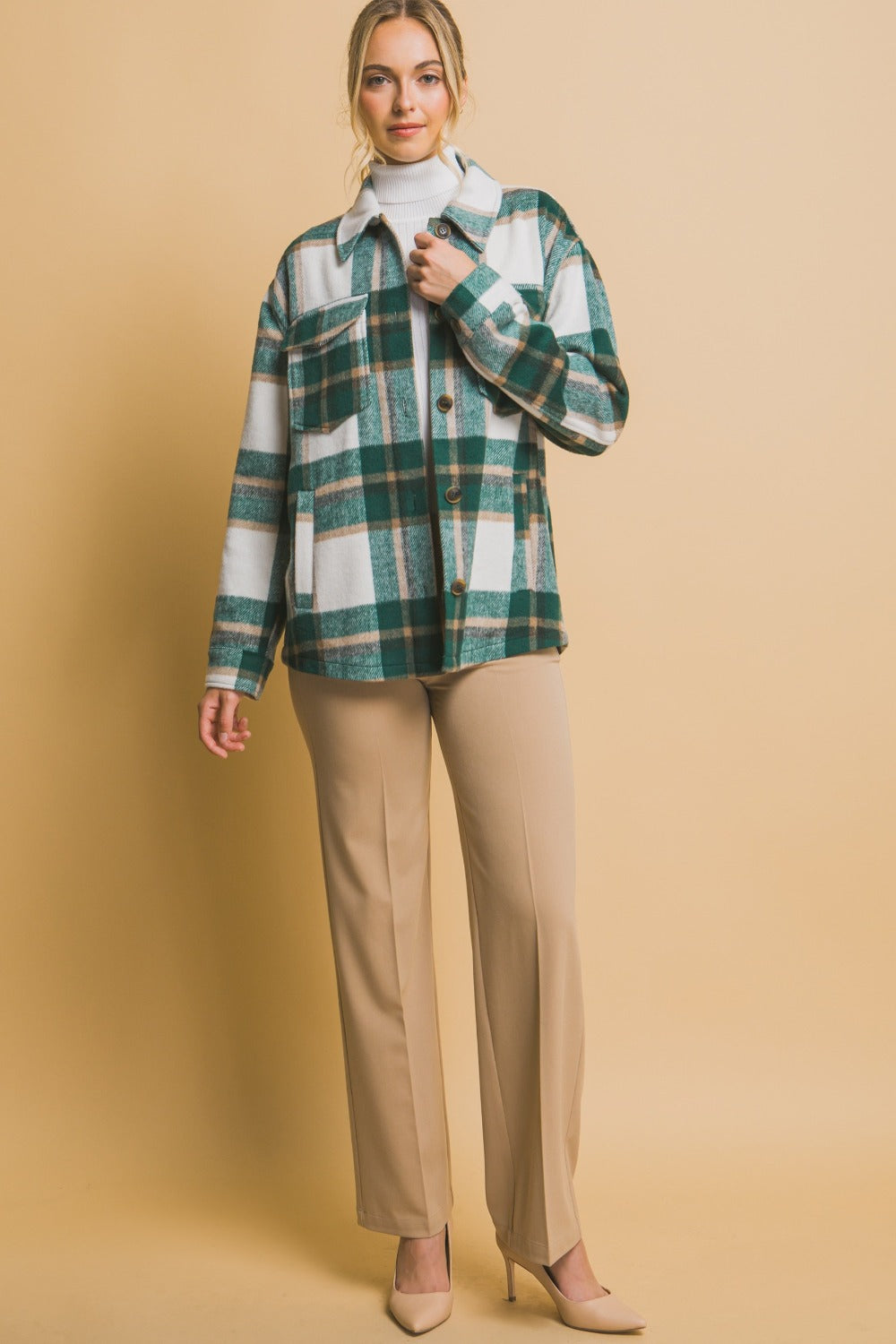 Love Tree Plaid Button-Up Shacket for Women - Cozy Fall & Winter Layering, Casual Outfits, Outdoor Adventures