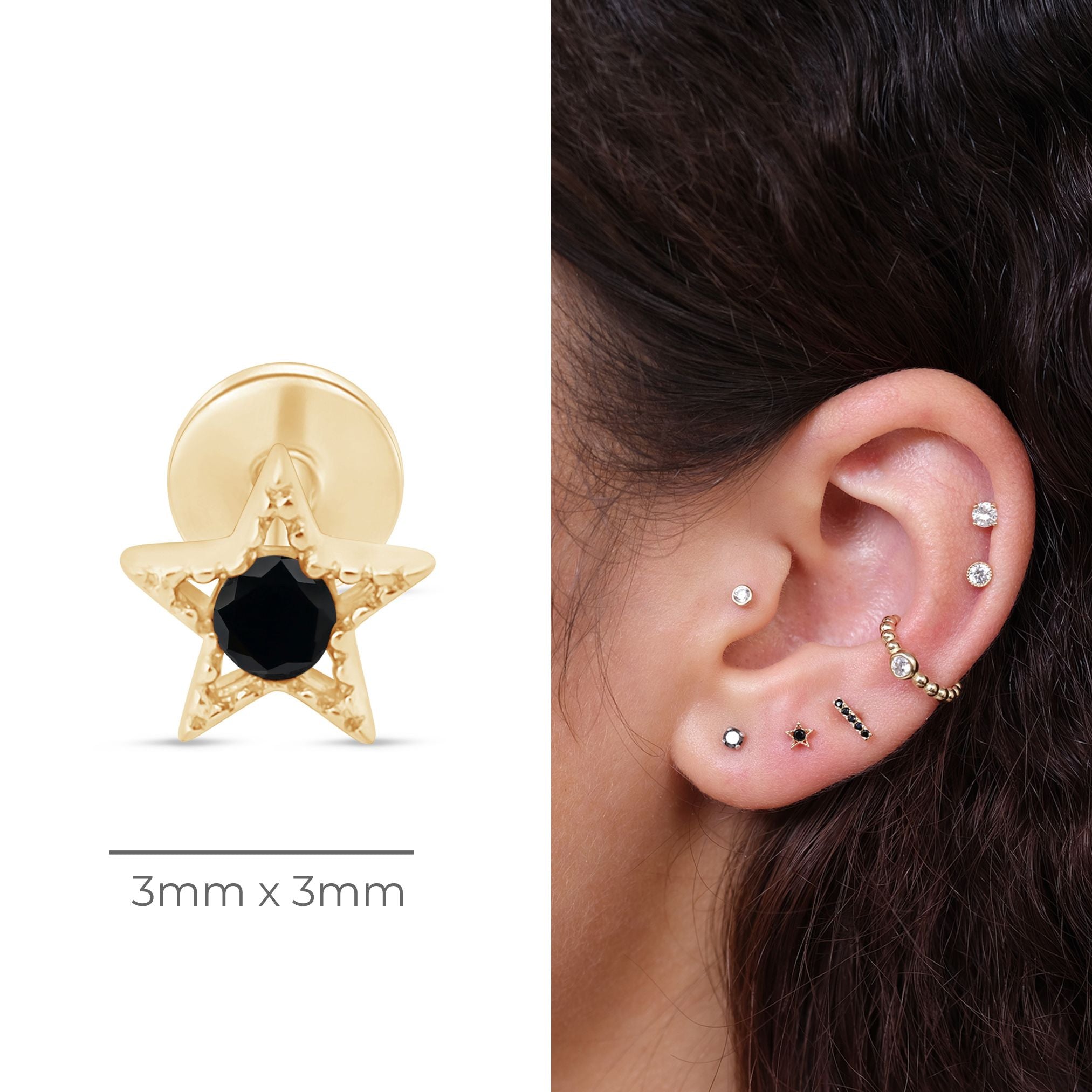 14K Yellow Gold Black Onyx Star Flat Back Stud Earrings with Milgrain Detail – Perfect for Everyday Wear, Gifts & Special Occasions