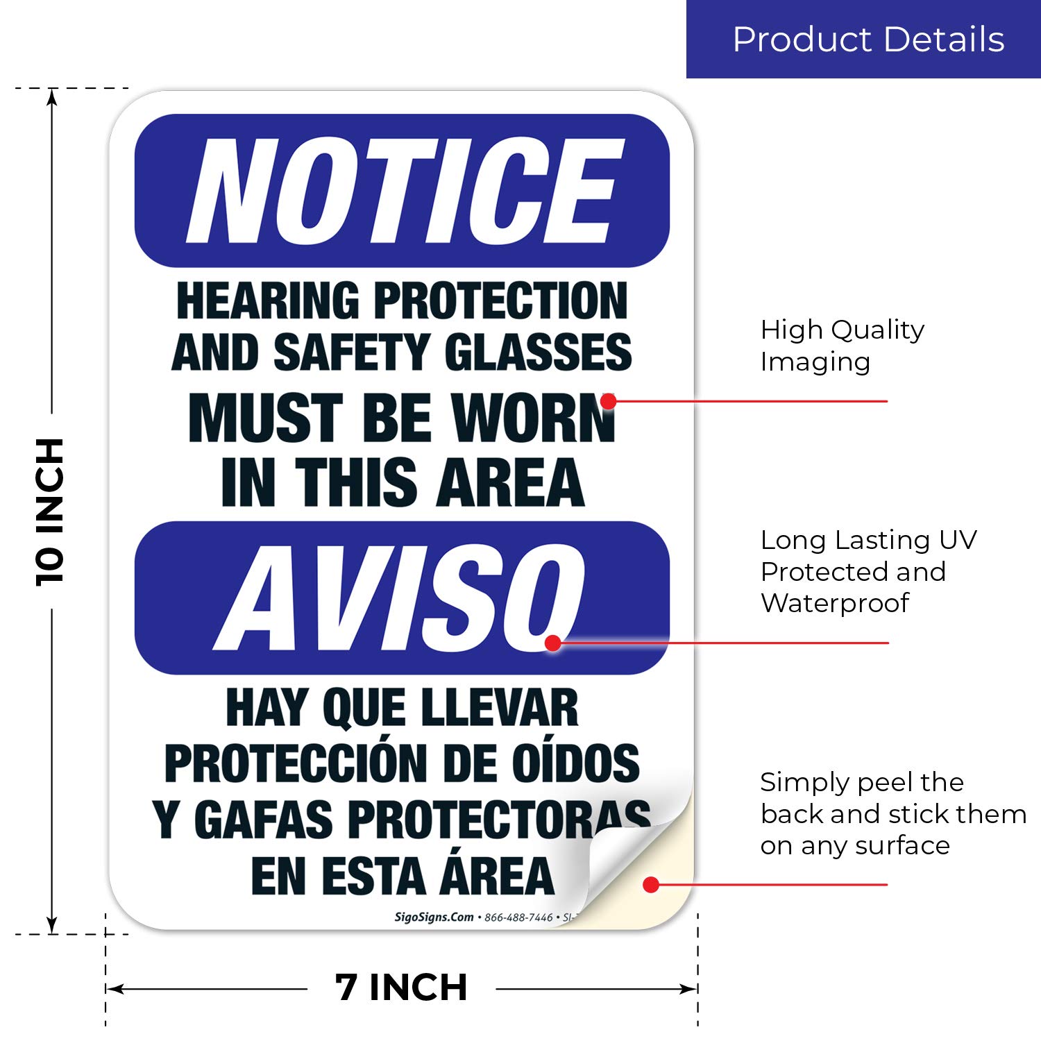 OSHA Compliant Bilingual Safety Sign - Hearing Protection & Safety Glasses Required in This Area | 10x7 Inch Durable 4 Mil Vinyl Decal | Weatherproof & UV Resistant | Made in USA | Ideal for Construction Sites, Factories & Work Zones