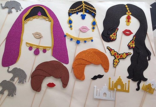 14-Piece Indian Bollywood Birthday Photo Booth Props Set - Colorful Plastic Glitter Foam Cutouts for Party Decorations & Themed Events