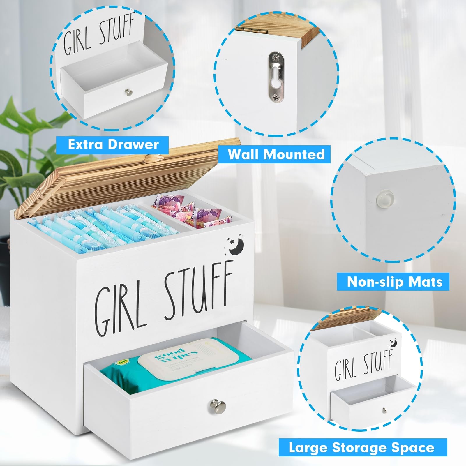 Wooden Feminine Product Organizer with Drawer & Lid - Tampon & Pad Storage Box, Cotton Ball/Swab Holder - Bathroom Decor & Organization for Women's Hygiene Essentials - Perfect for Vanity, Countertop or Shower Storage