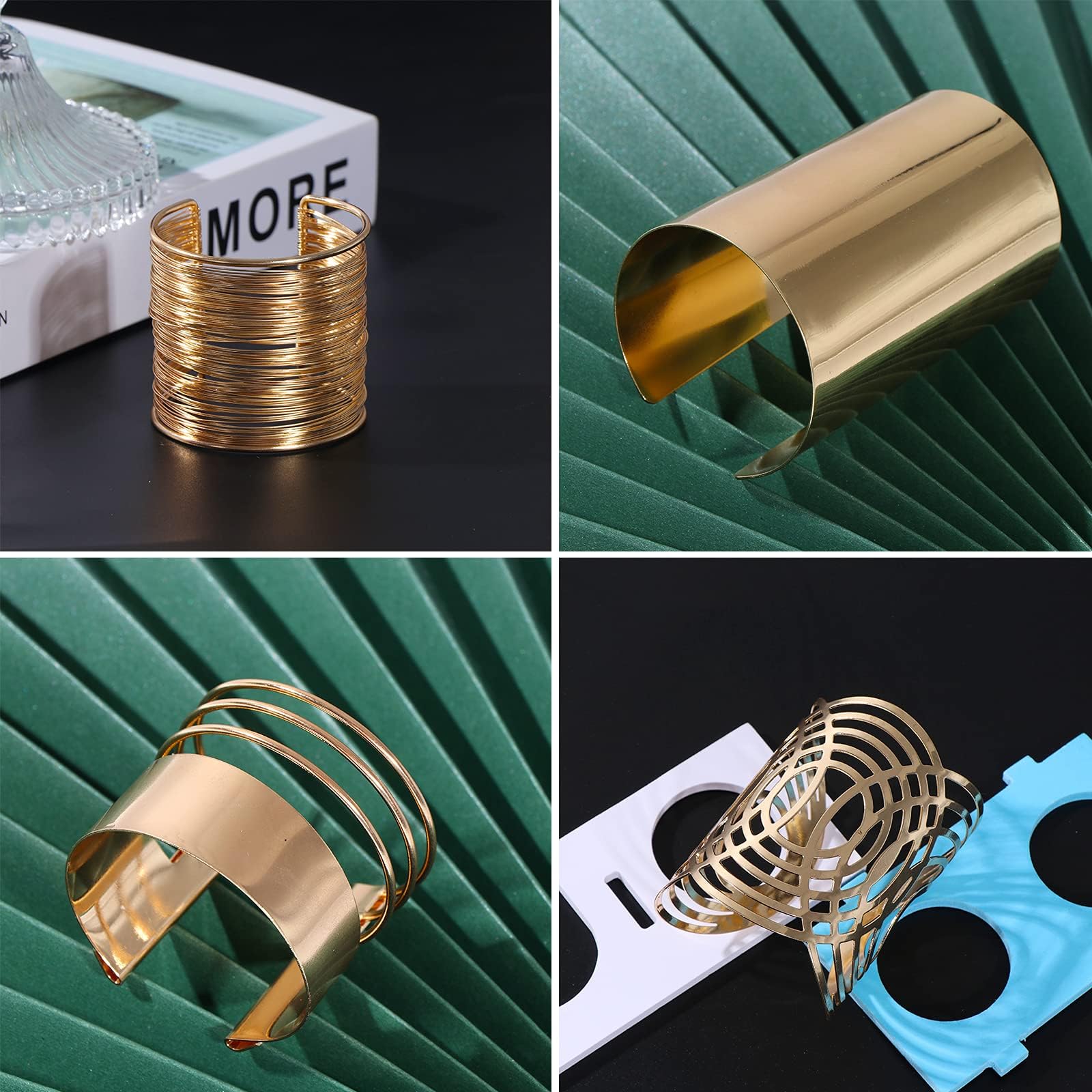 4 Pack Gold Cuff Bangle Bracelets for Women - Open Wide Wire Wrap Wrist Cuffs (2.4 Inch Diameter) - Elegant Boho Jewelry for Parties, Weddings & Everyday Wear