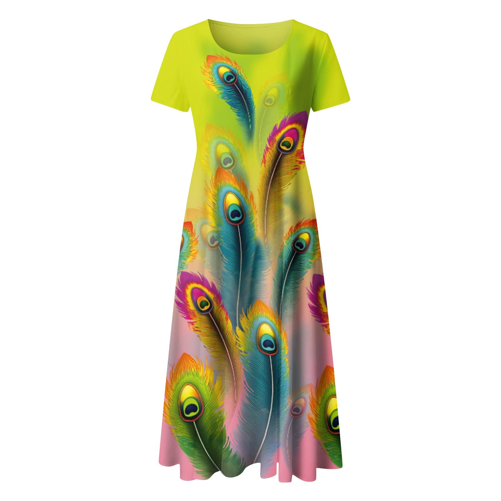 Flattering A-Line Midi Sundress for Women - Boho Square Neck with Floral & Feather Print - Perfect for Summer, Beach Vacations & Casual Outings - Conceals Belly Fat Comfortably