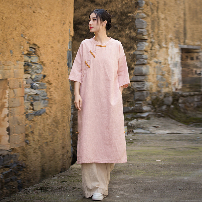 Chinese Style Ramen Washed Linen Casual Dress - Breathable Summer Boho Dress for Women, Perfect for Beach Vacation & Casual Outings