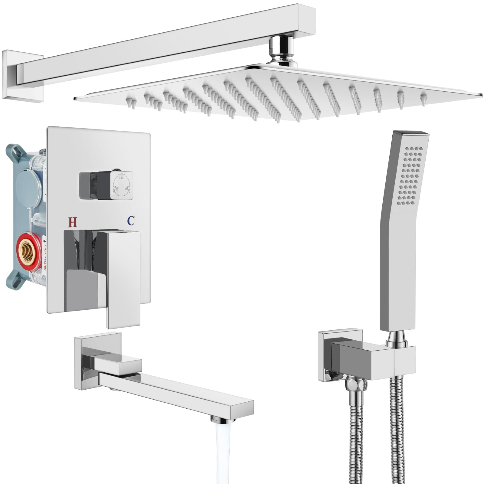 Gotonovo Luxury 3-Function Wall Mount Rainfall Shower System - 10 Inch High Pressure Shower Head with Tub Spout, Polished Chrome Finish, Rough-in Valve & Trim Included - Perfect for Modern Bathroom & Spa Experience