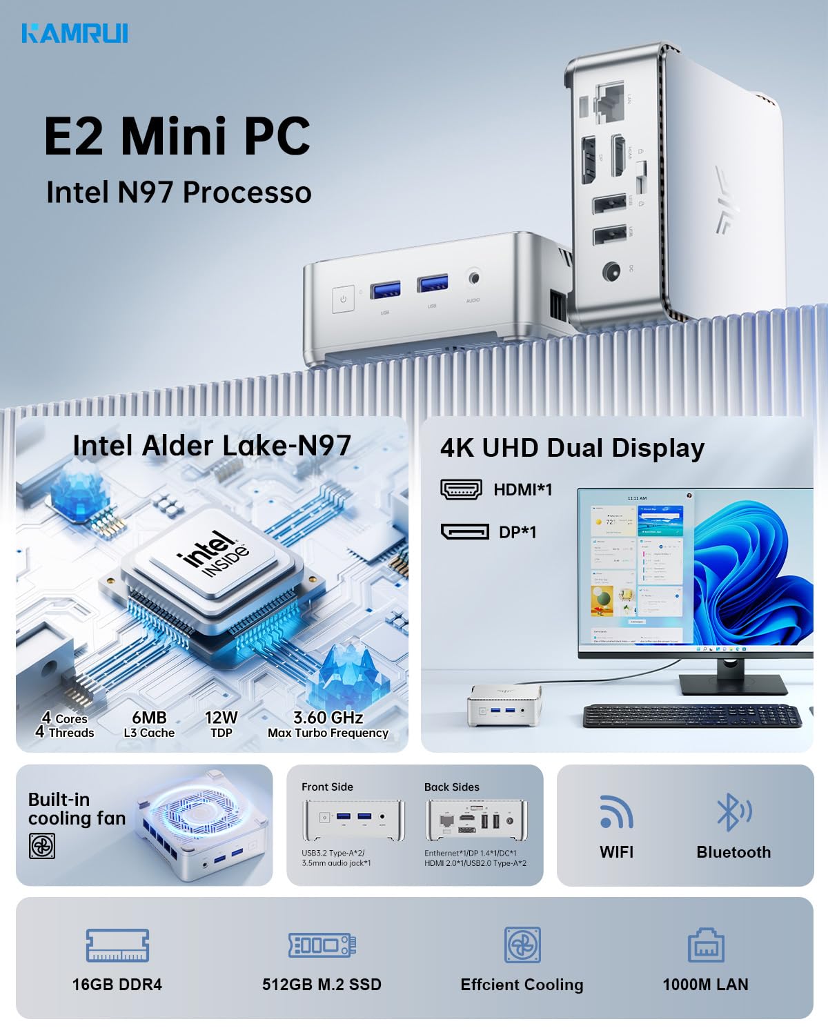 KAMRUI Essenx E2 Mini PC - 16GB RAM 512GB M.2 SSD, 12th Gen Intel Alder Lake N97 Processor (Up to 3.6GHz), Dual 4K UHD via HDMI+DP1.4, Gigabit Ethernet, WiFi 6, Bluetooth - Compact Desktop Computer for Home Office, Gaming & Business Use