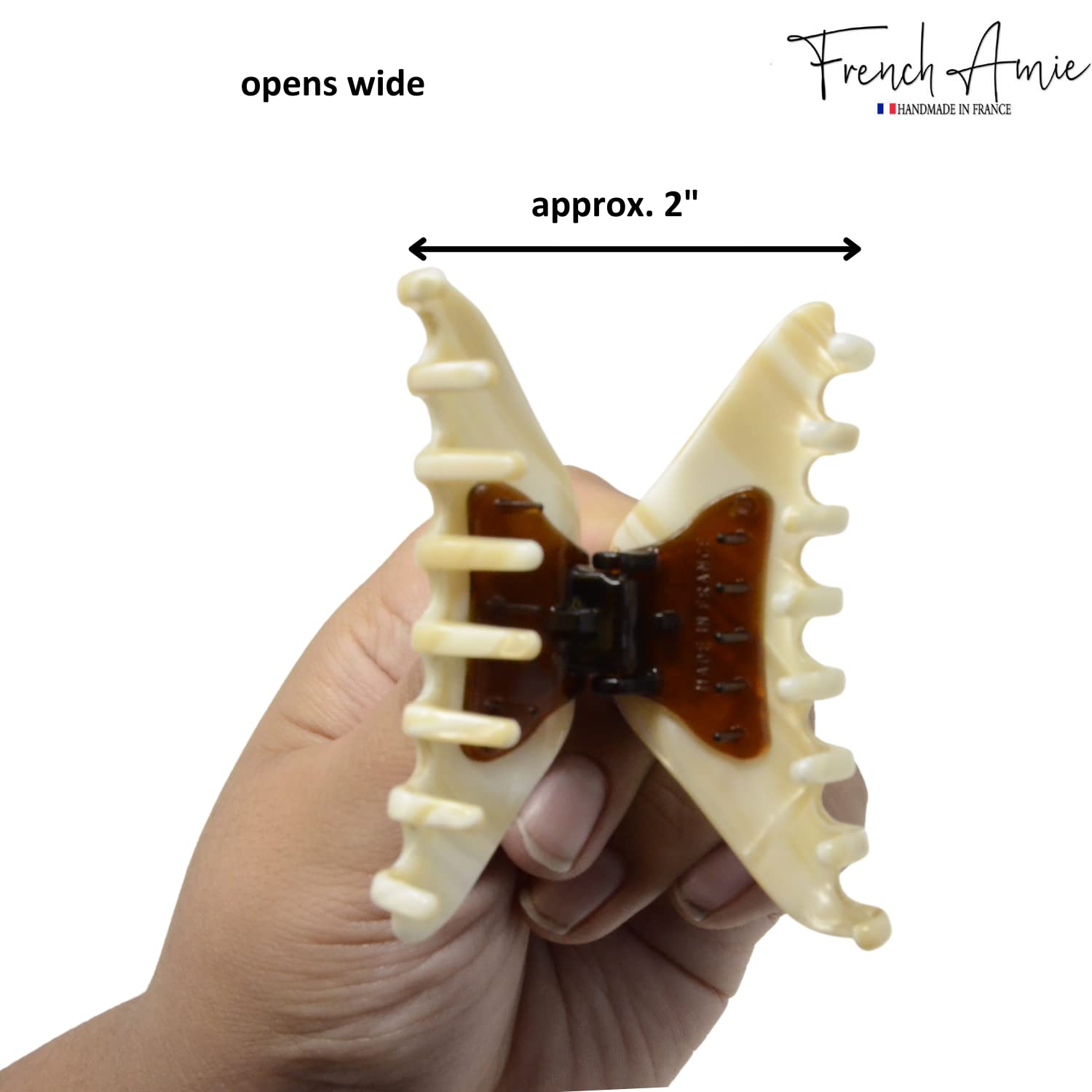 French Amie Director Thin & Narrow Ivory Handmade Celluloid Hair Claw Clip - Small Jaw Spring Clamp with Inner Teeth for Women's Updos, Ponytails & Half-Up Styles