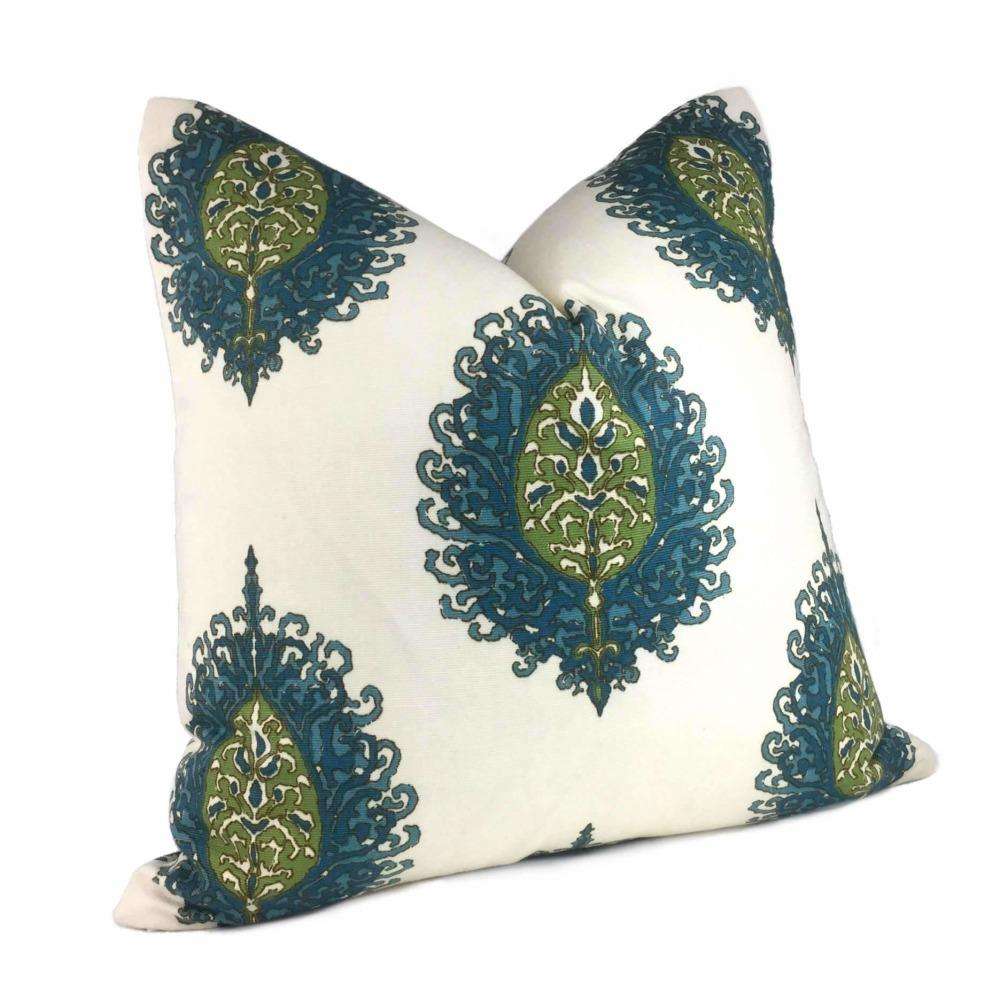 Alfred Shaheen Westminster Blue Green Cream Paisley Medallion Pillow Cover - Bohemian Home Decor for Living Room, Bedroom & Sofa
