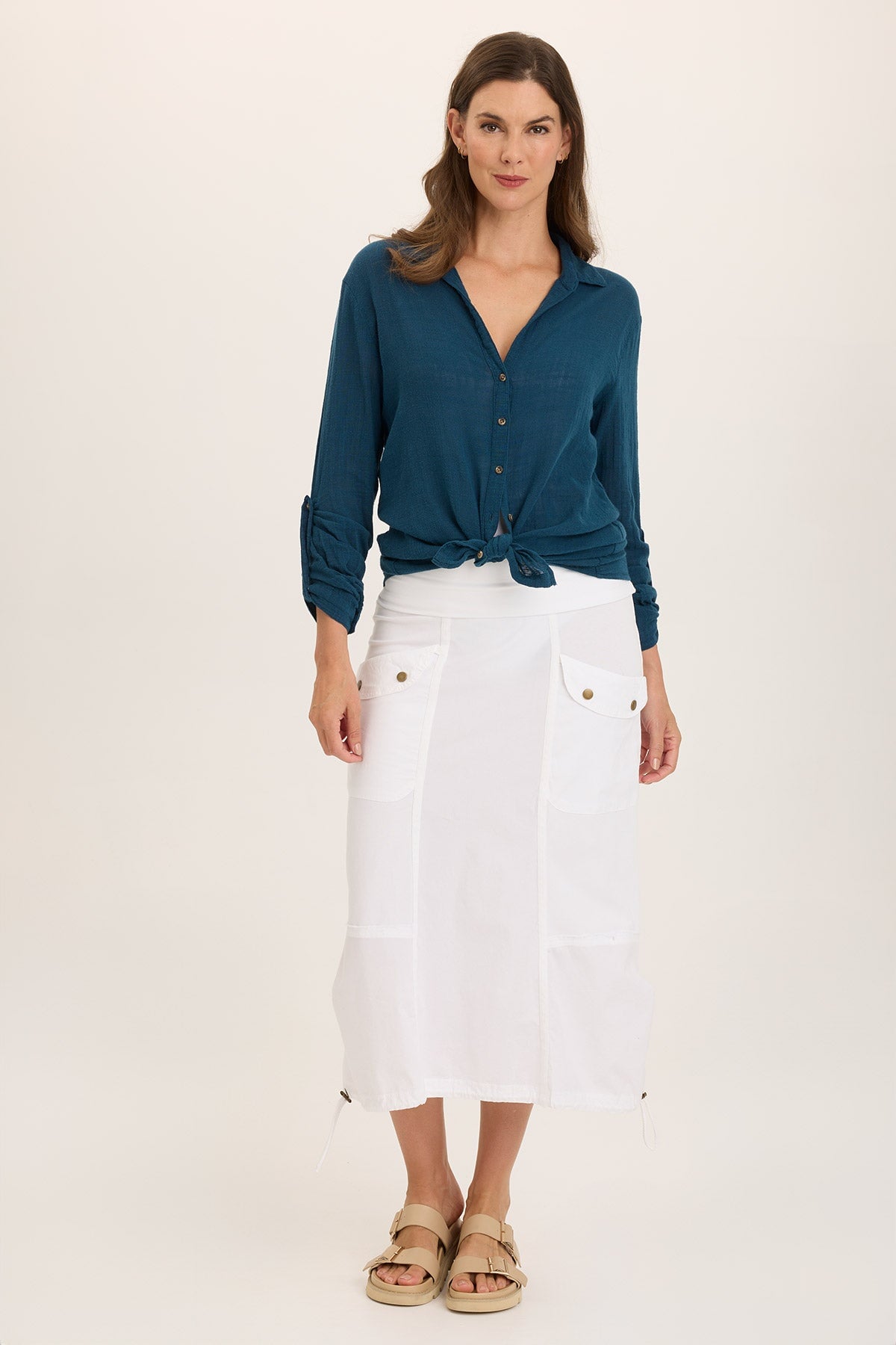 Marconi Cargo Cinch Bubble Hem Midi Skirt - Women's Casual A-Line Skirt with Pockets | Perfect for Streetwear, Travel & Everyday Fashion