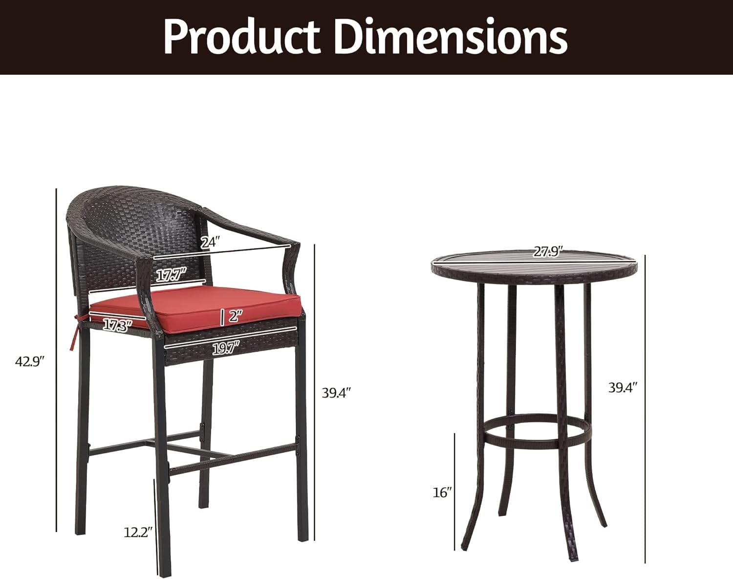 3-Piece Patio Bar Set with Rattan Bar Height Table & Chairs - Wicker Outdoor Furniture for Backyard, Poolside, Balcony - Includes Barstools & Red Cushions - Perfect for Outdoor Entertaining, Lounging & Relaxation