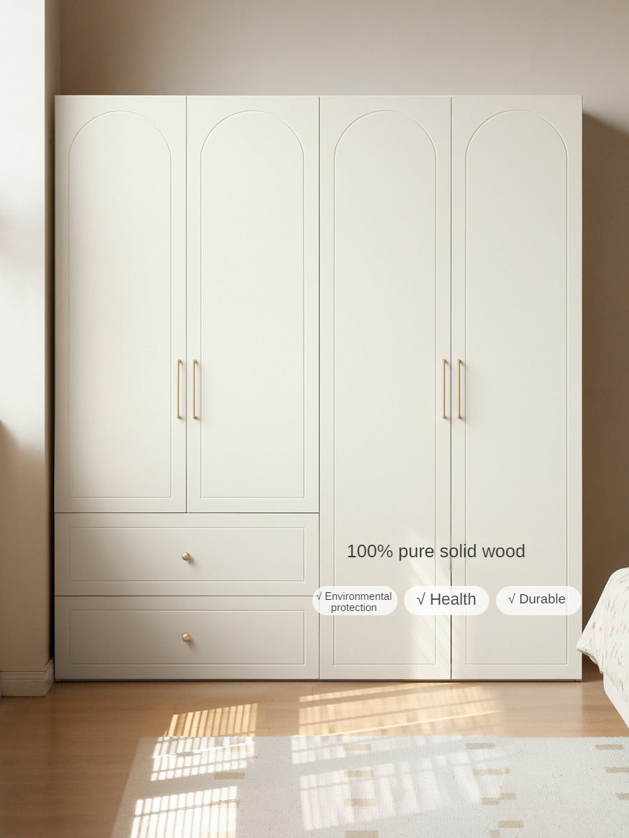 French Cream Pine Solid Wood Wardrobe - Elegant Vintage Closet for Bedroom, Living Room & Guest Room Storage