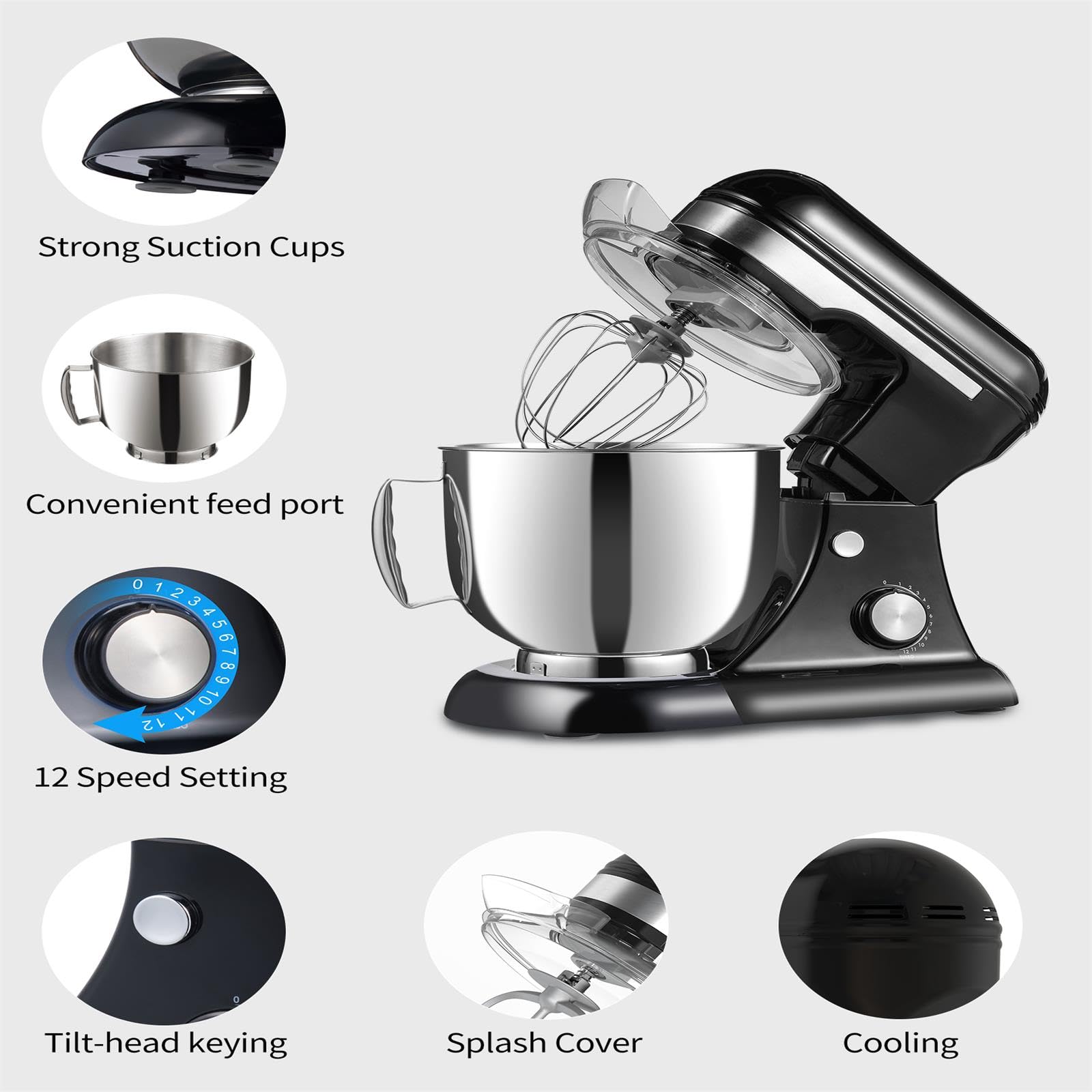 3-IN-1 Electric Stand Mixer, 5.3QT Bowl 12-Speed Kitchen Mixer with Dough Hook, Beater & Whisk - Powerful Baking Mixer for Bread, Cake, Cookies & Dough - Perfect for Home Bakers & Cooking Enthusiasts (YM609 Black) - Ideal for Baking, Meal Prep & Family Gatherings