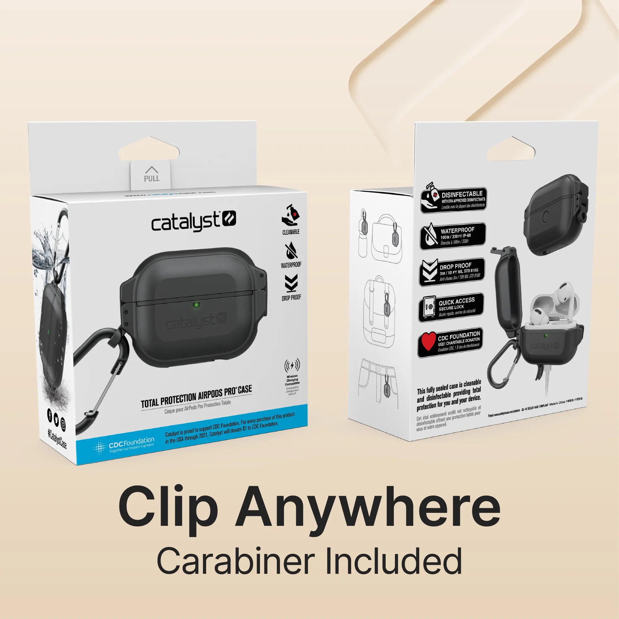 AirPods Pro (2nd Generation & 1st Gen) Waterproof Protective Case with Carabiner Clip - IPX8 100M Submersible, Shockproof Cover for Outdoor Sports, Travel & Daily Use