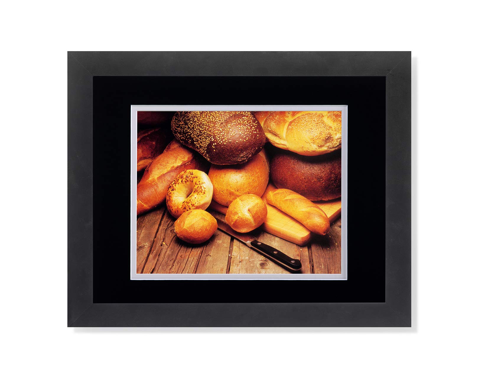 Black and White Framed Art Print of Bread Loaves on Cutting Board - Kitchen & Diner Wall Decor for Home, Restaurant or Cafe