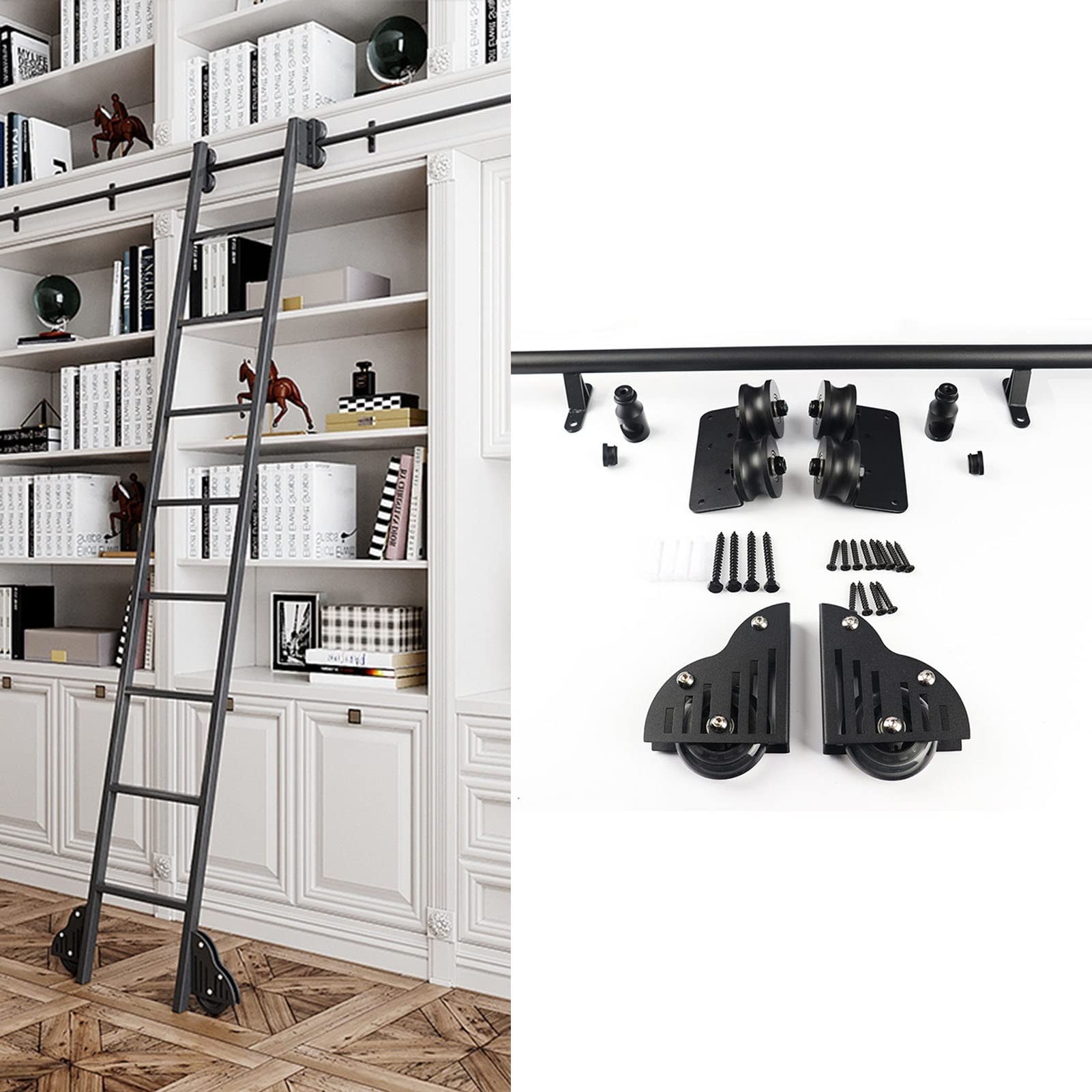 Heavy Duty Sliding Ladder Kit - 10ft Rolling Library Ladder Rail Track System for Bookshelves, Closets & Bars | Black Mobile Ladder Hardware (300cm Track Kit Without Ladder) - Perfect for Home Libraries, Loft Spaces & Retail Displays