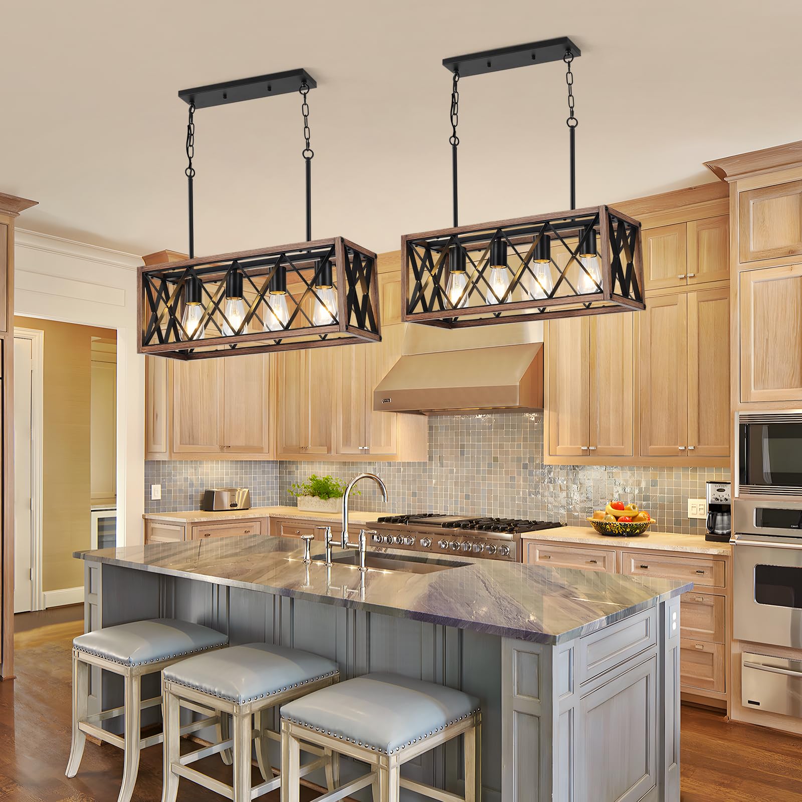 SEEBLEN Farmhouse Pendant Light Fixture - 39 Inch Adjustable Height, 4-Light Wood Grain Finish Chandelier for Dining Room, Kitchen Island & Bar | Rustic Lighting for Farmhouse Decor, Breakfast Nook & Kitchen Sink Area