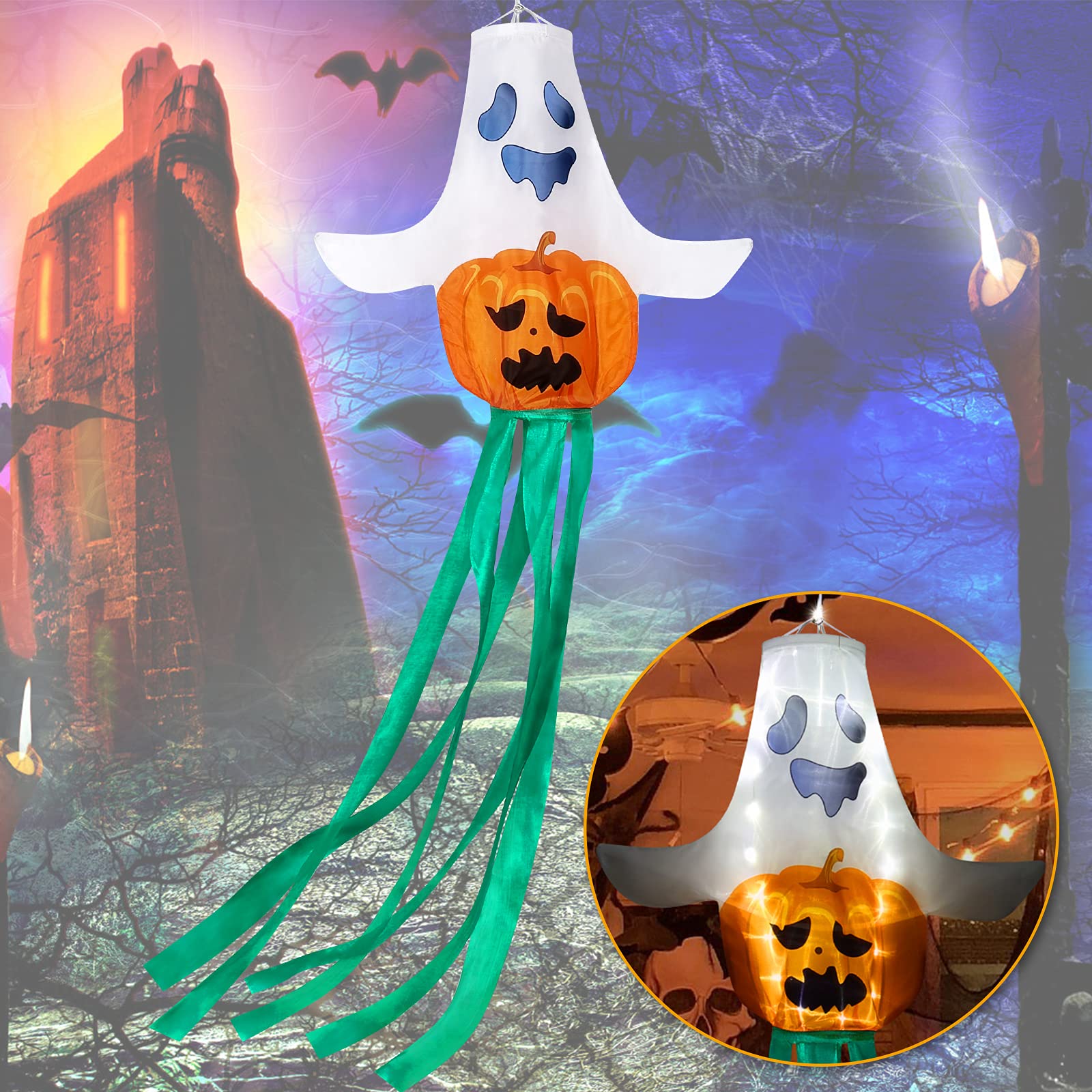 55 Inch Halloween Windsock Flag - 3D Pumpkin Ghost Hanging Decor with LED Lights | Spooky Outdoor Decorations for Yard, Patio, Lawn & Tree | Perfect for Halloween Party, Trick-or-Treat Welcome & Haunted House Theme