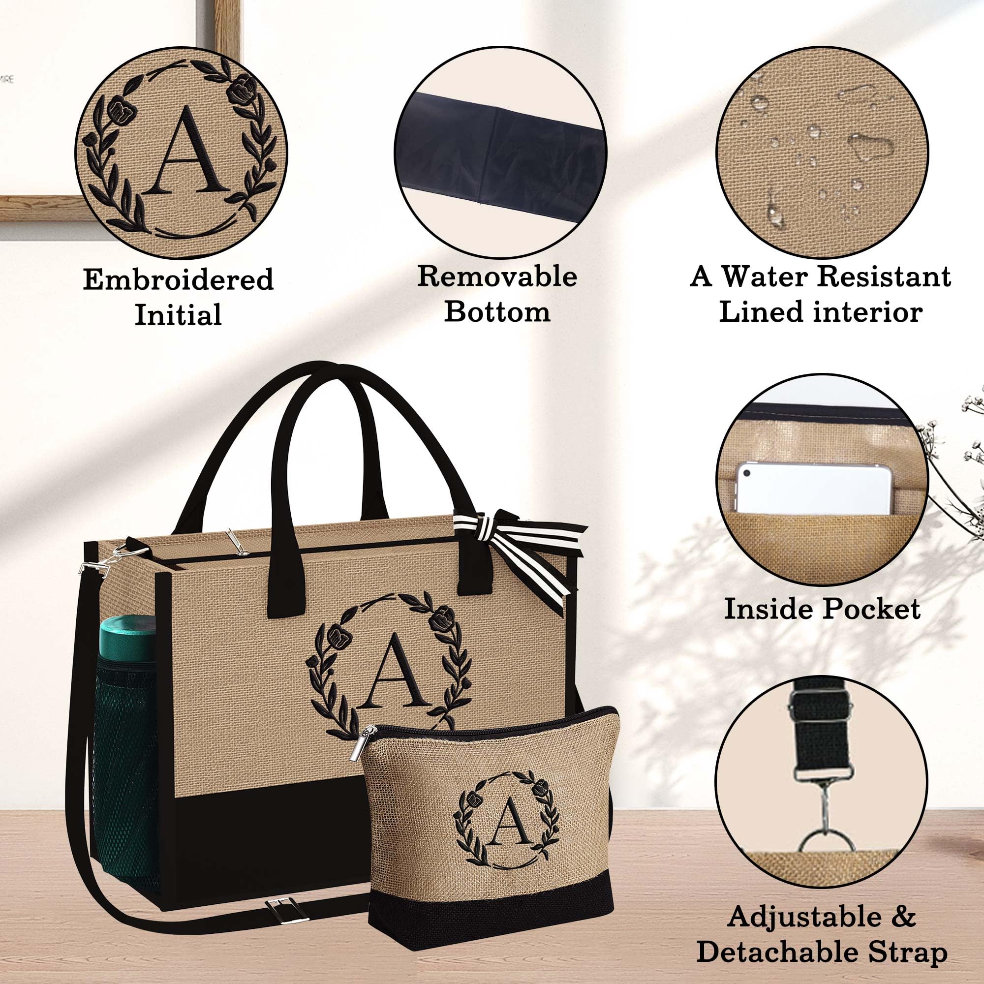 YOOLIFE Personalized Initial Jute Tote Bag & Makeup Bag Set - Monogrammed Gift for Women, Wife, Mom, Teacher | Birthday, Mother's Day, Christmas Present | Perfect for Work, Travel & Daily Use