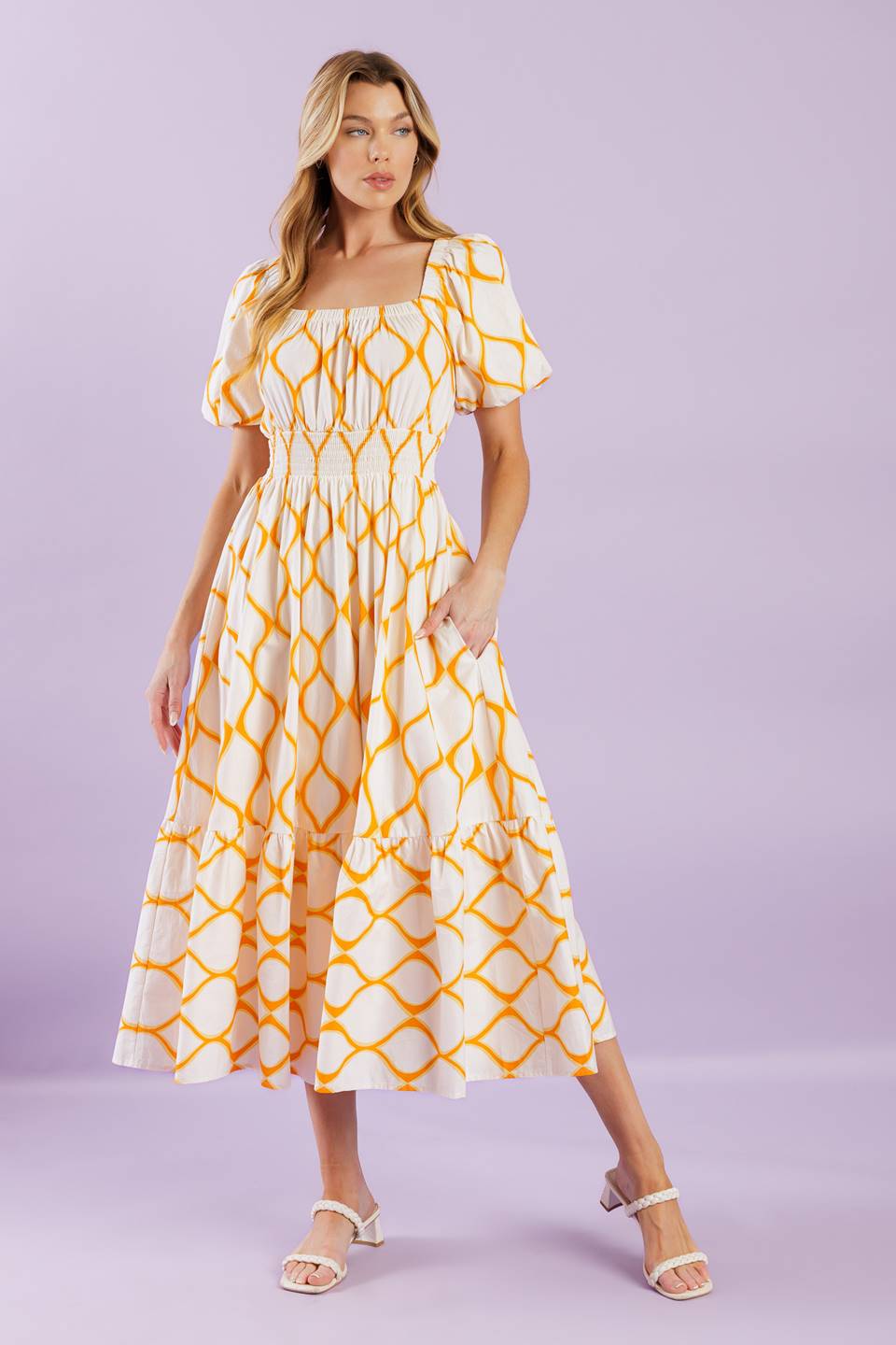Stylish Yellow Lattice Print Midi Dress for Women - Perfect for Summer Outfits, Beach Vacations & Casual Wear