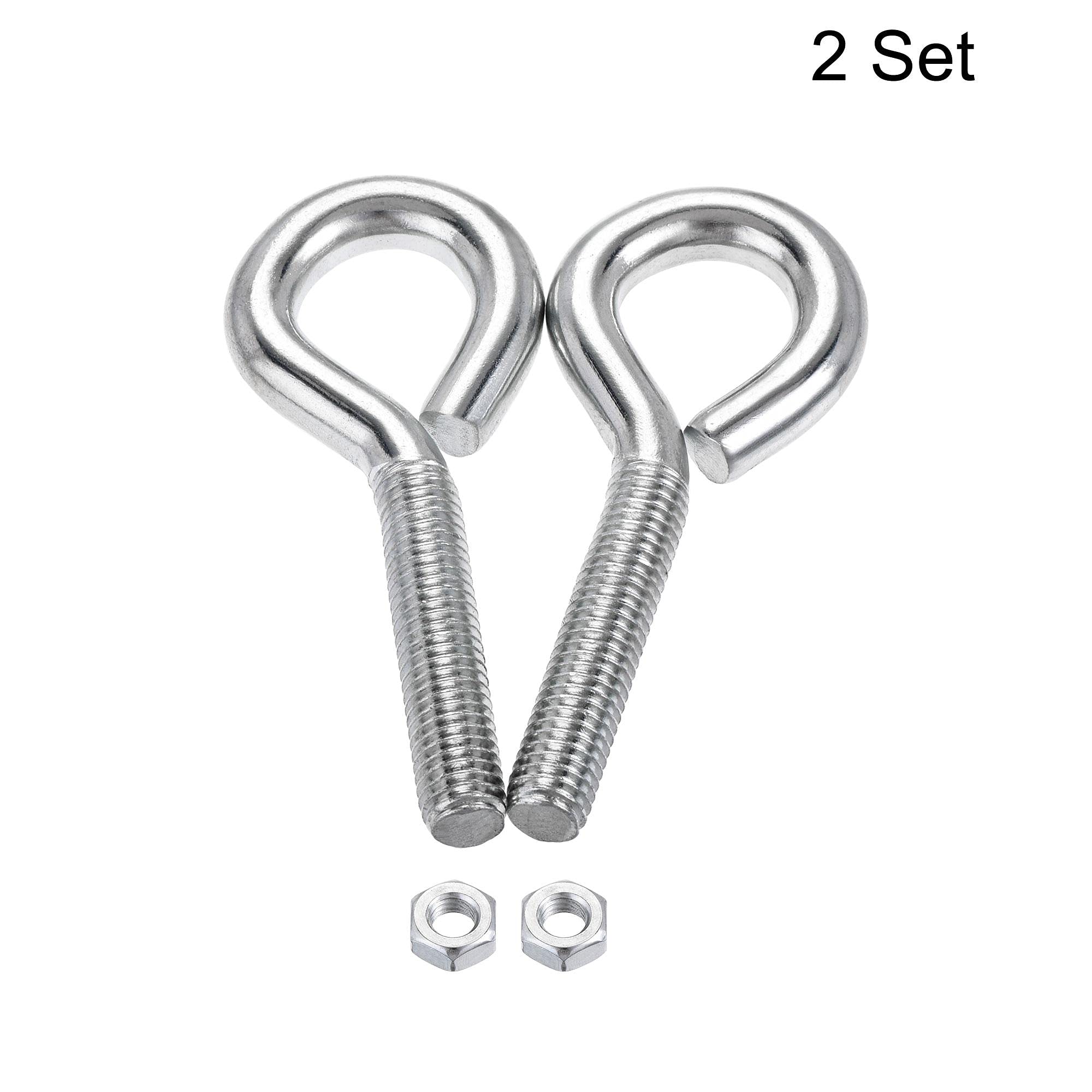 uxcell M10x50mm Eye Hooks Screws Bolts Kit - 2pcs Carbon Steel Hanger Eyelet Hooks with Hex Nuts for Metal & Wood Applications - Perfect for Hanging Plants, Wind Chimes, and Outdoor Decor