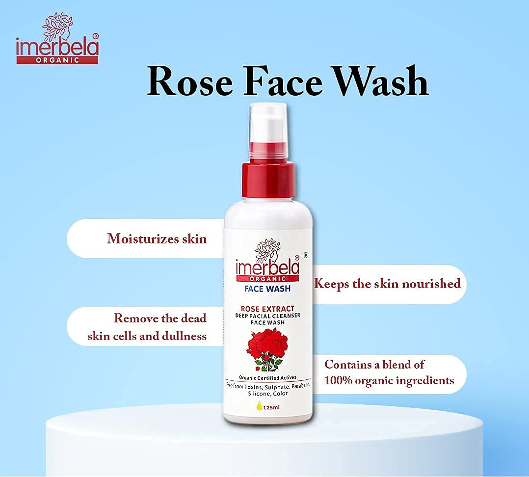 Imerbela Rose Foaming Face Wash 125ml - Deep Cleansing Facial Cleanser with Rose Water for Men & Women | Gentle, Sulfate & Paraben Free | Perfect for Daily Skincare & Acne-Prone Skin