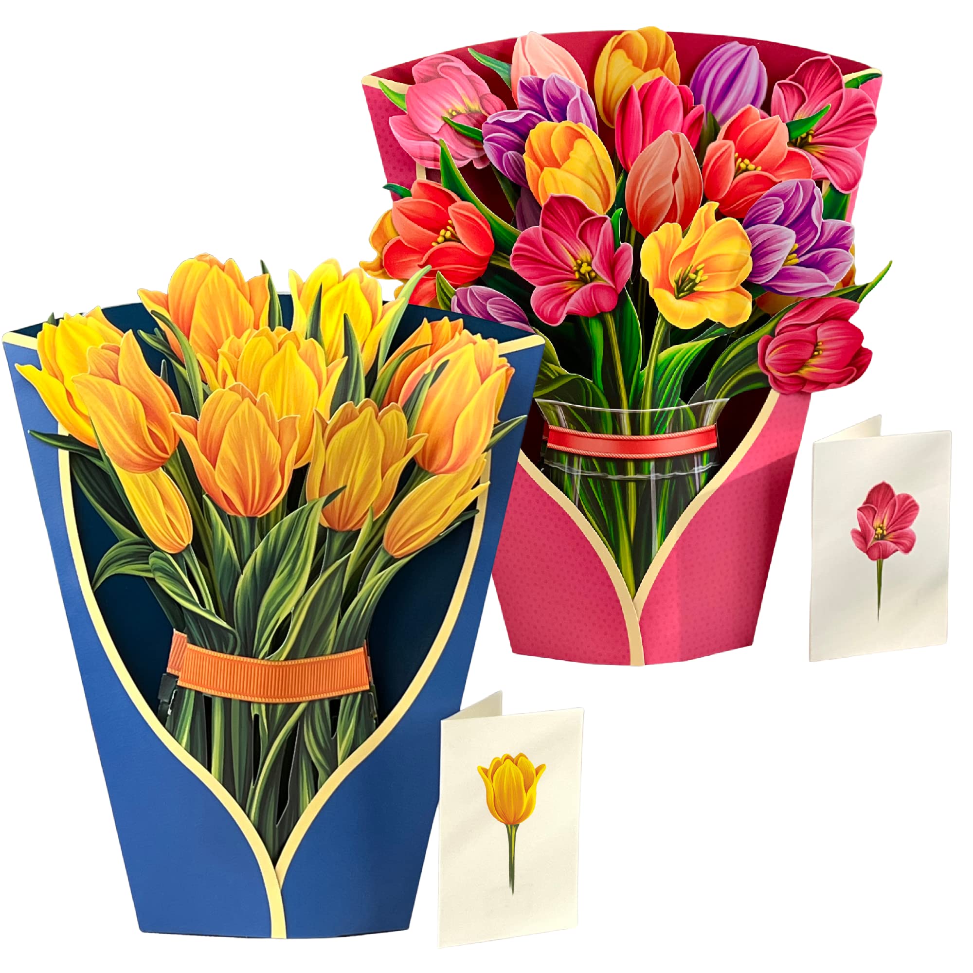 FreshCut Paper Pop Up Cards - Set of 2 Life-Sized 12 Inch 3D Tulip Bouquet Greeting Cards with Note Cards & Envelopes | Festive Tulips & Yellow Tulips Forever Flowers | Perfect for Birthdays, Anniversaries, Mother's Day & Home Decor
