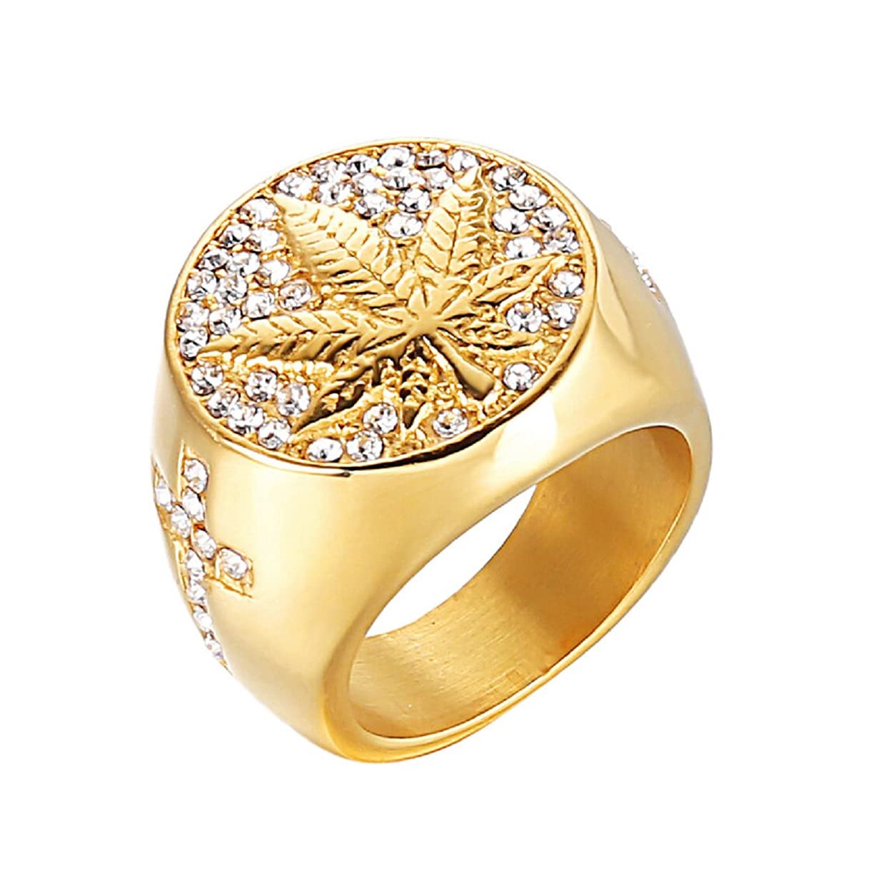 Men's Gold Maple Leaf Ring - Punk Gothic Weed Leaf Jewelry with Full Diamonds - Ice Out Cross Design for Boys - Perfect for Hip-Hop, Streetwear & Gothic Fashion