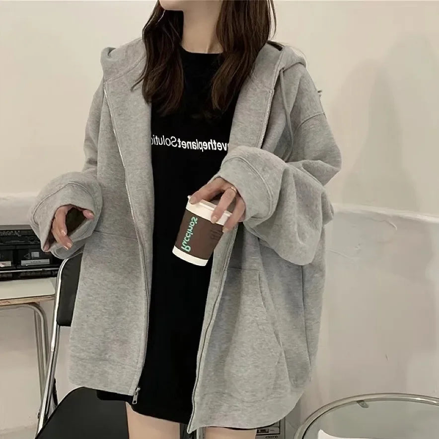 2023 Women's Black Hooded Sweatshirt - Loose Fit Fleece Lined Casual Top | Korean Style Jacket for Spring & Autumn | Perfect for Streetwear, Layering & Everyday Fashion