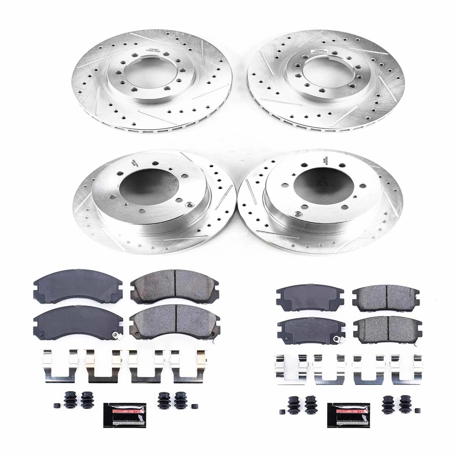 Power Stop K4305 Z23 Carbon Fiber Brake Pads & Drilled Slotted Rotors Kit - Front & Rear - Fits Mitsubishi Montero 1991-1996 | High-Performance Braking for Off-Road & Daily Driving