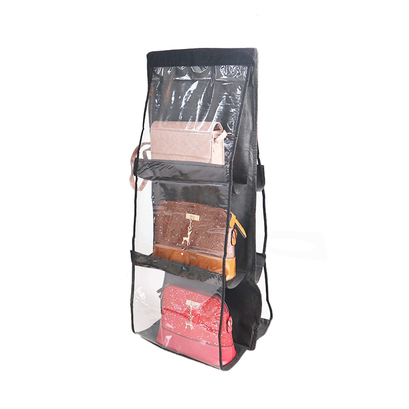 FENGHAN Transparent Hanging Handbag Organizer for Closet - Wall Mount Shoe Storage Bag with Hanger Pouch (Black) - Perfect for Wardrobe, Door & Small Space Organization