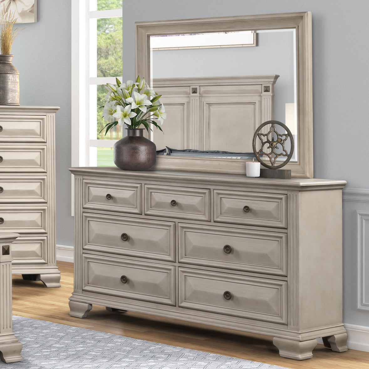 Renova Distressed Parchment 7-Drawer Dresser with Mirror - Vintage Style Bedroom Furniture for Master Bedroom & Guest Room Organization