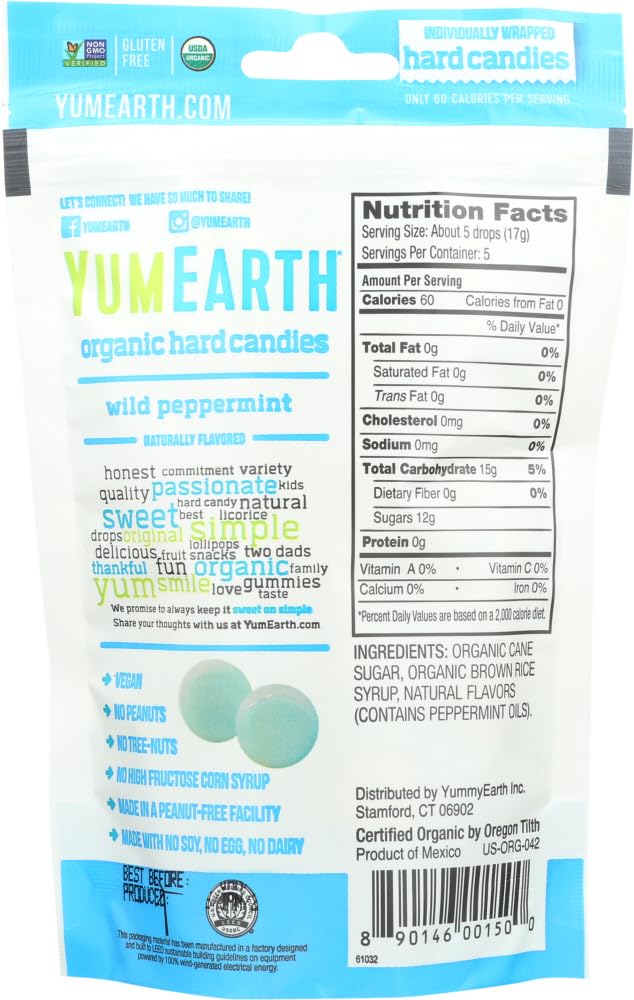 YumEarth Organic Wild Peppermint Refresh Mints - 3.3 oz (93.5g) Pack of 2 | USDA Certified Organic, Gluten Free & Vegan | Perfect for Fresh Breath On-The-Go, Office & Travel